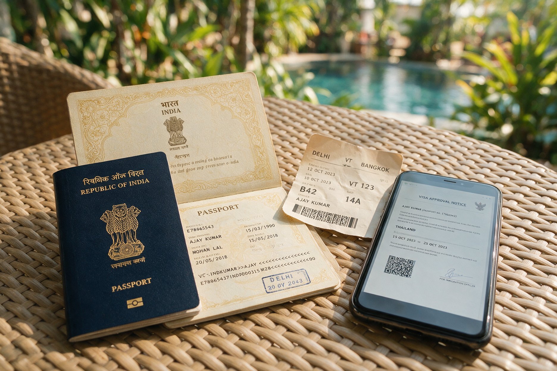 Indian passport and phone showing an Indonesia e-VOA approval next to a boarding pass