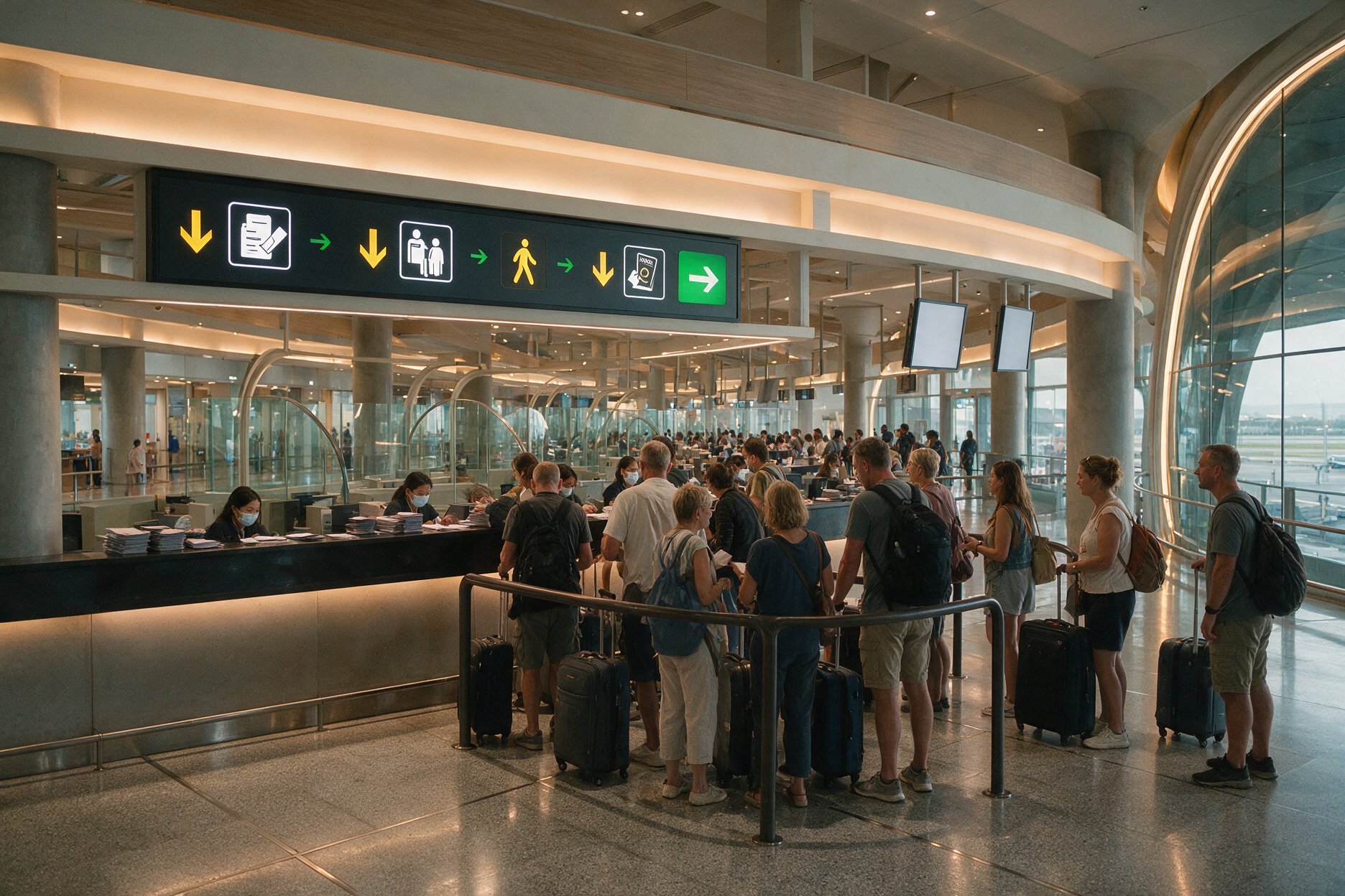 Travelers queuing at visa on arrival and immigration counters inside an Indonesian airport terminal