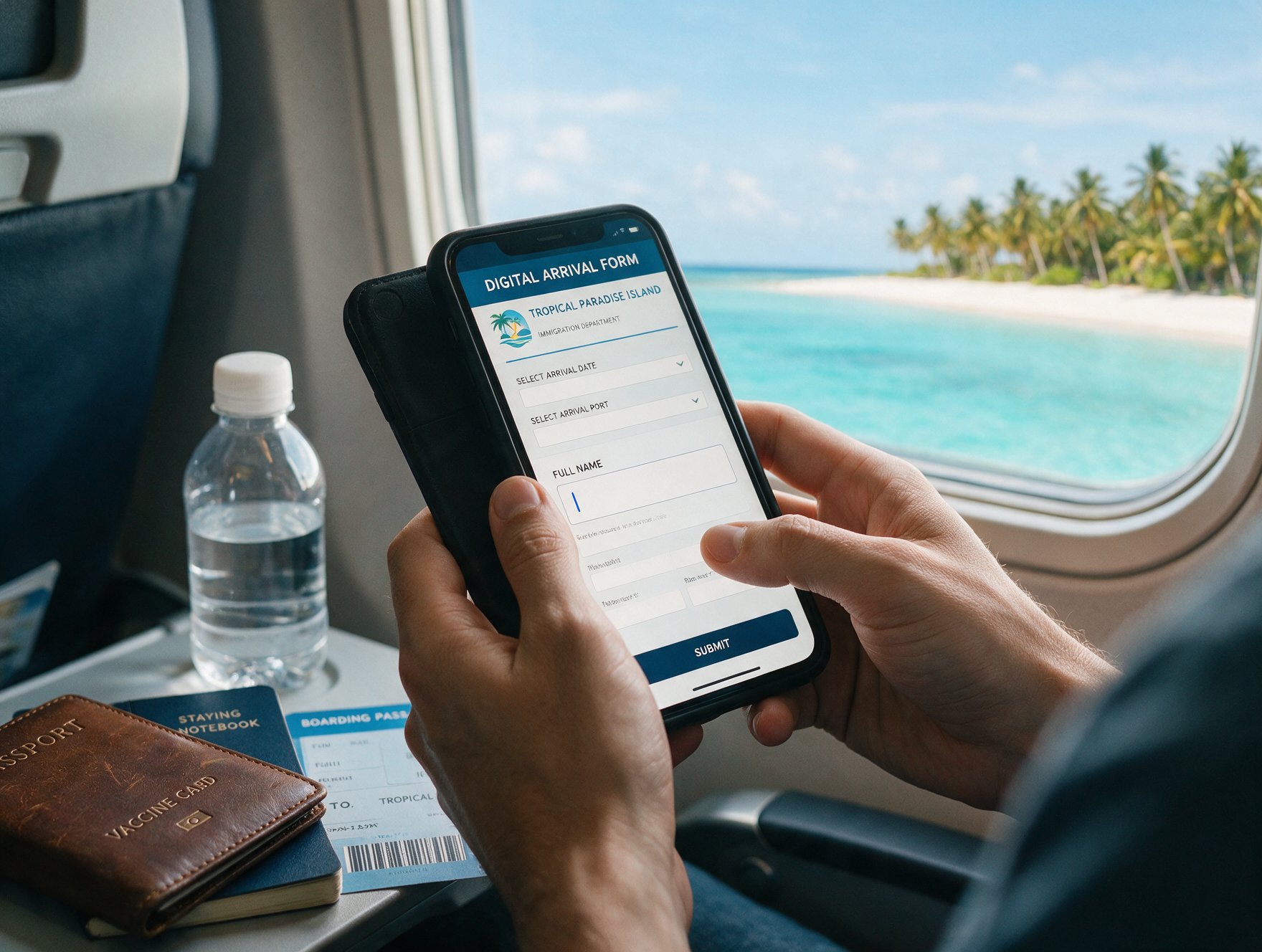 Traveler filling out Indonesia's digital arrival card on a smartphone before landing