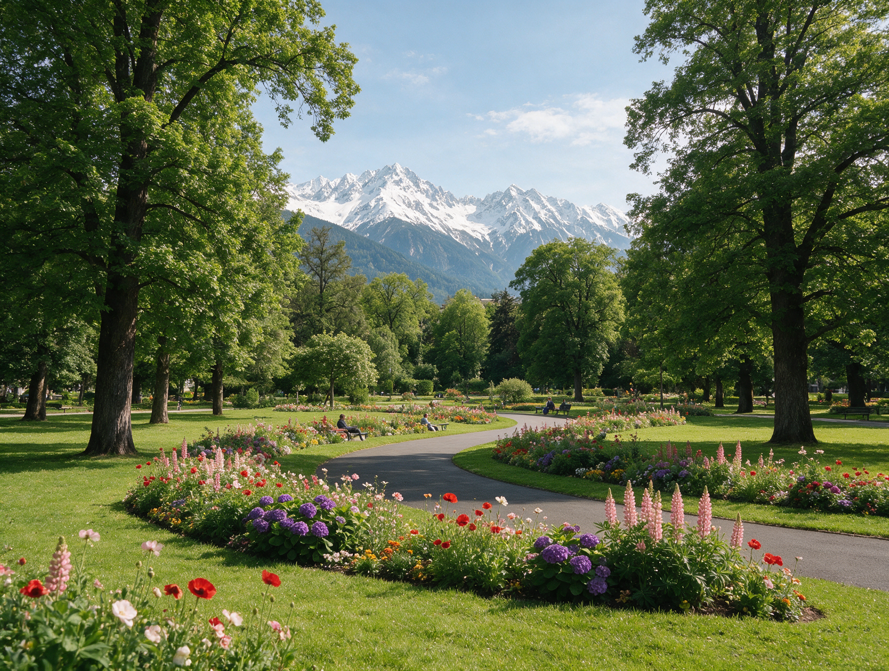 Innsbruck's Hofgarten park with snow-capped mountains visible above the treeline