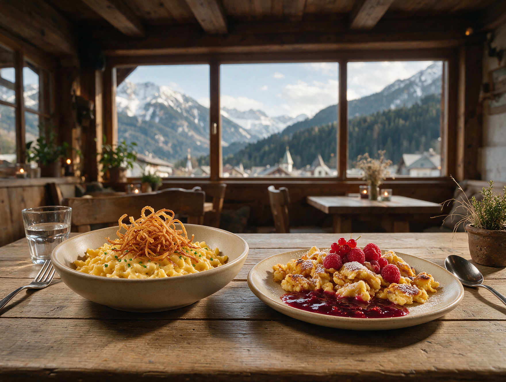 A Tyrolean alpine hut table in Innsbruck with Kasspatzln cheese noodles and Kaiserschmarrn