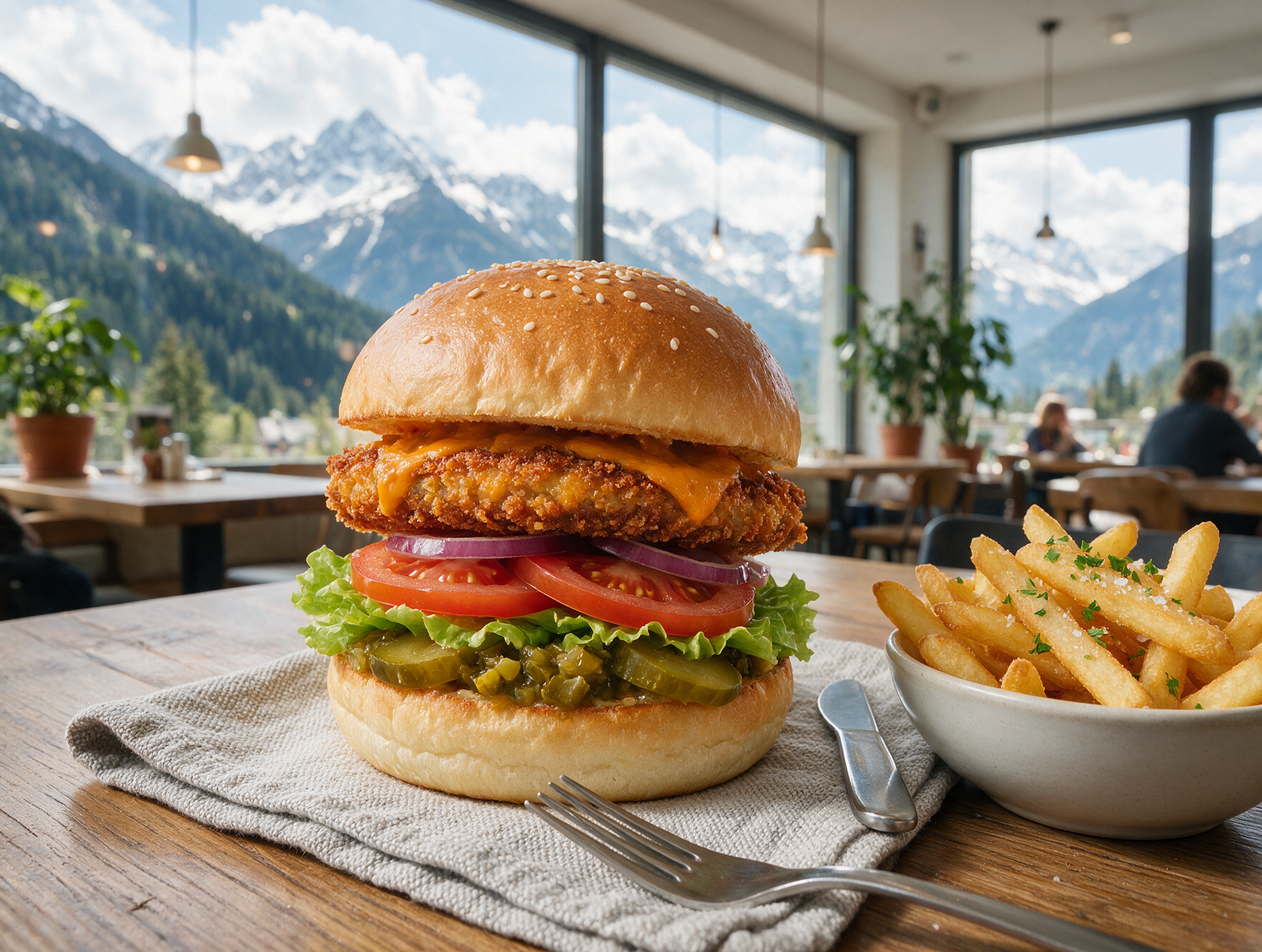 A cozy vegan-friendly café interior in Salzburg with a plant-based breakfast spread