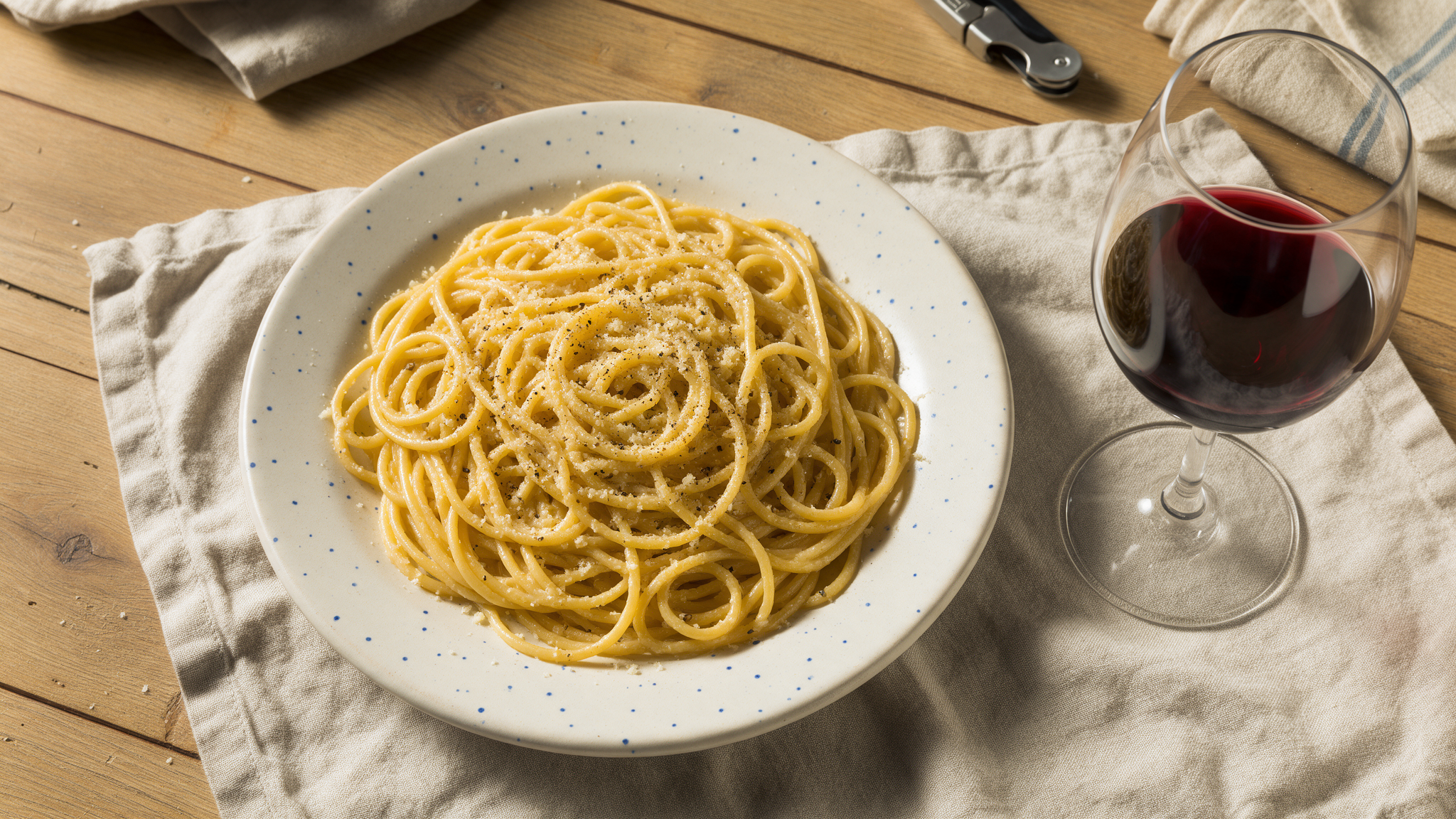 Plate of Roman cacio e pepe pasta with a glass of red wine on a trattoria table