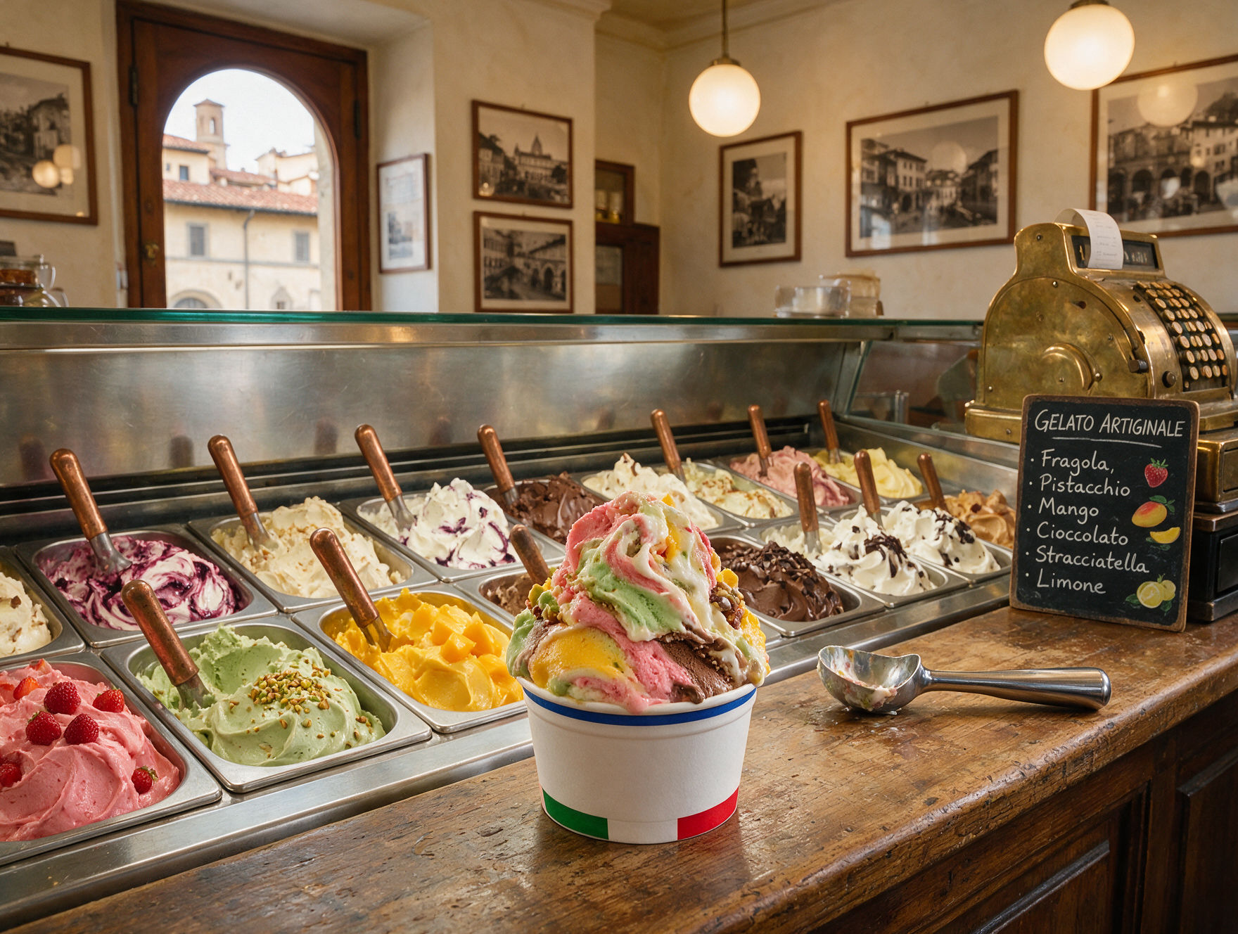 Scoop of artisanal Italian gelato at a Florence gelateria counter