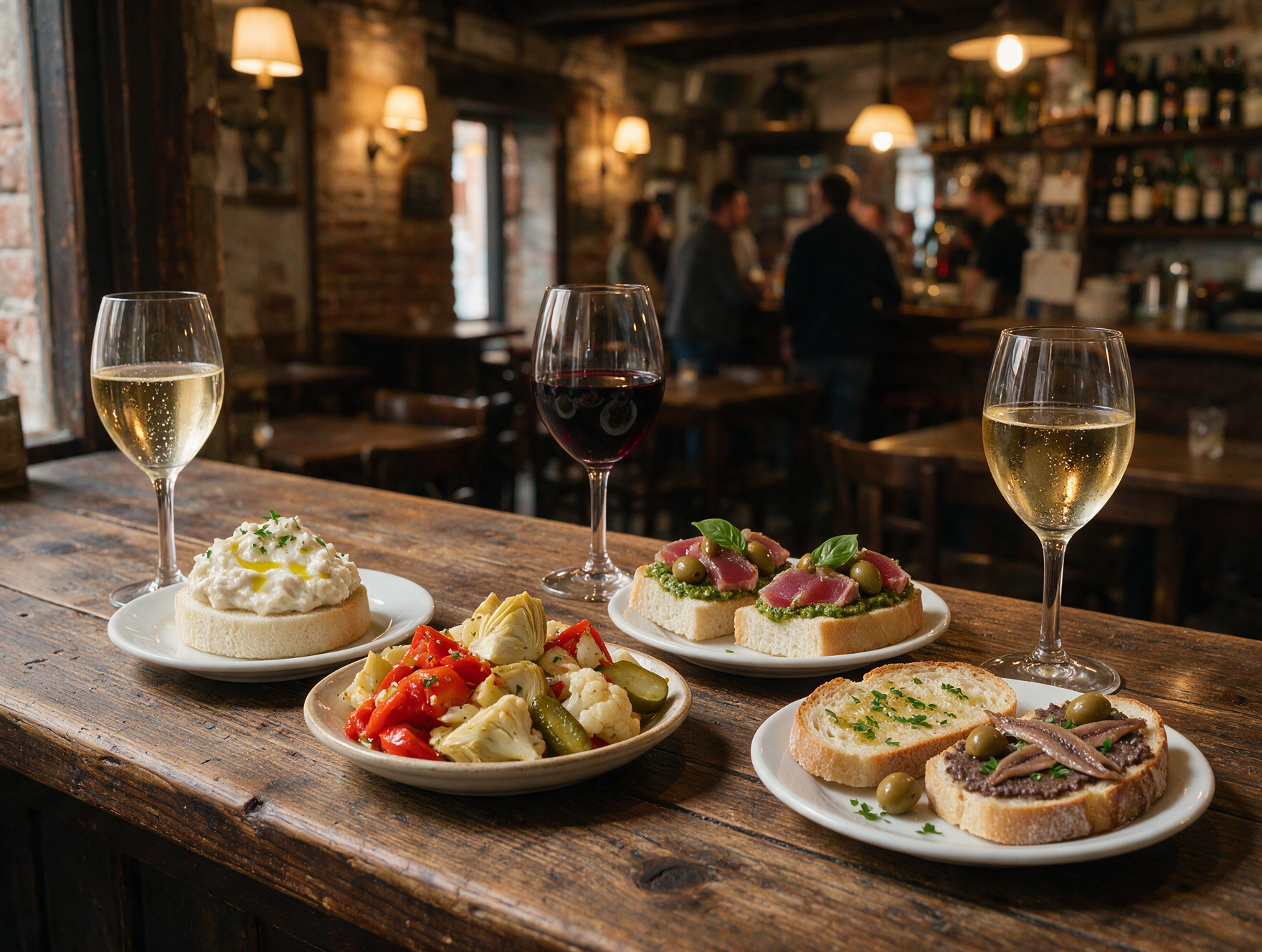 Assorted Venetian cicchetti small plates on a bacaro bar counter with glasses of wine