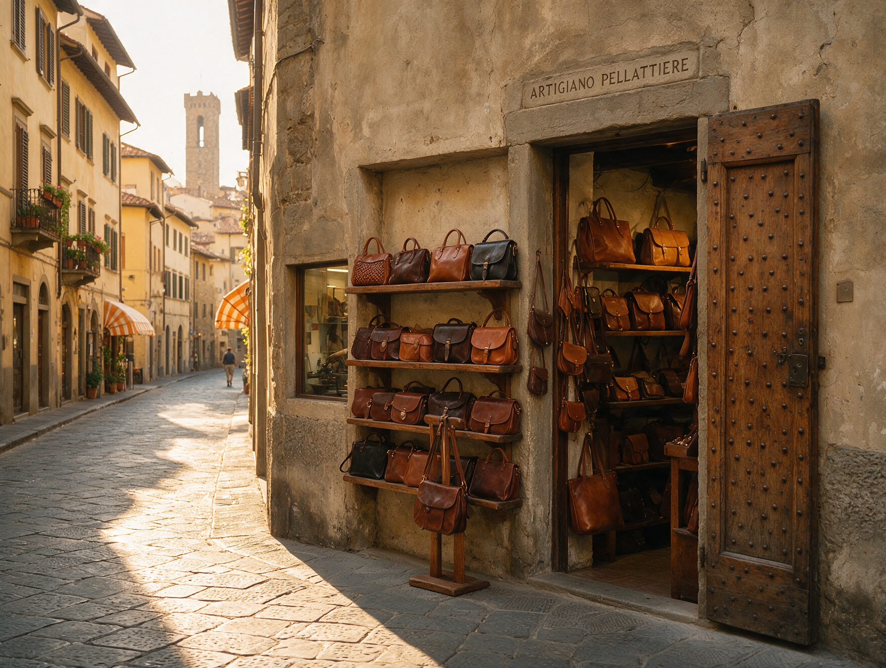 Quiet cobblestone street in Florence's Oltrarno district with an open artisan workshop