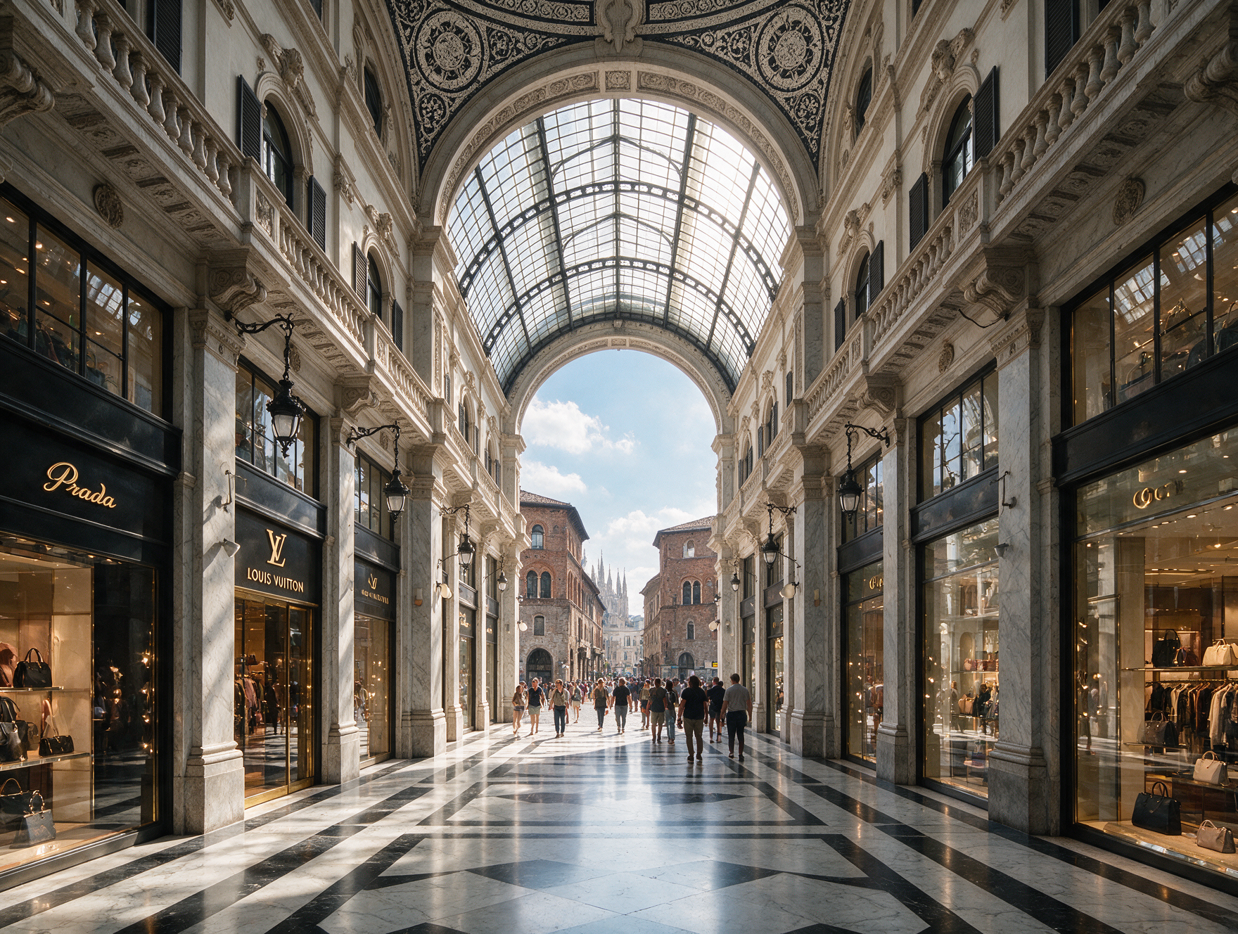 Ornate glass ceiling of the Galleria Vittorio Emanuele II shopping arcade in Milan