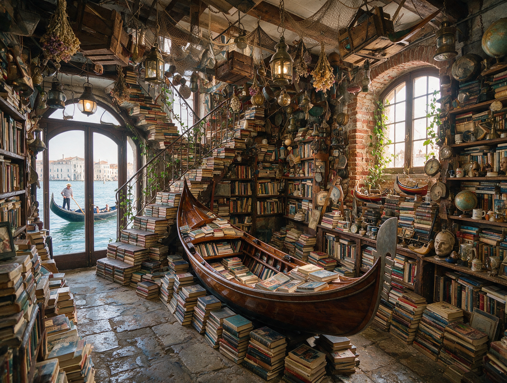 Acqua Alta bookshop in Venice with a gondola full of secondhand books