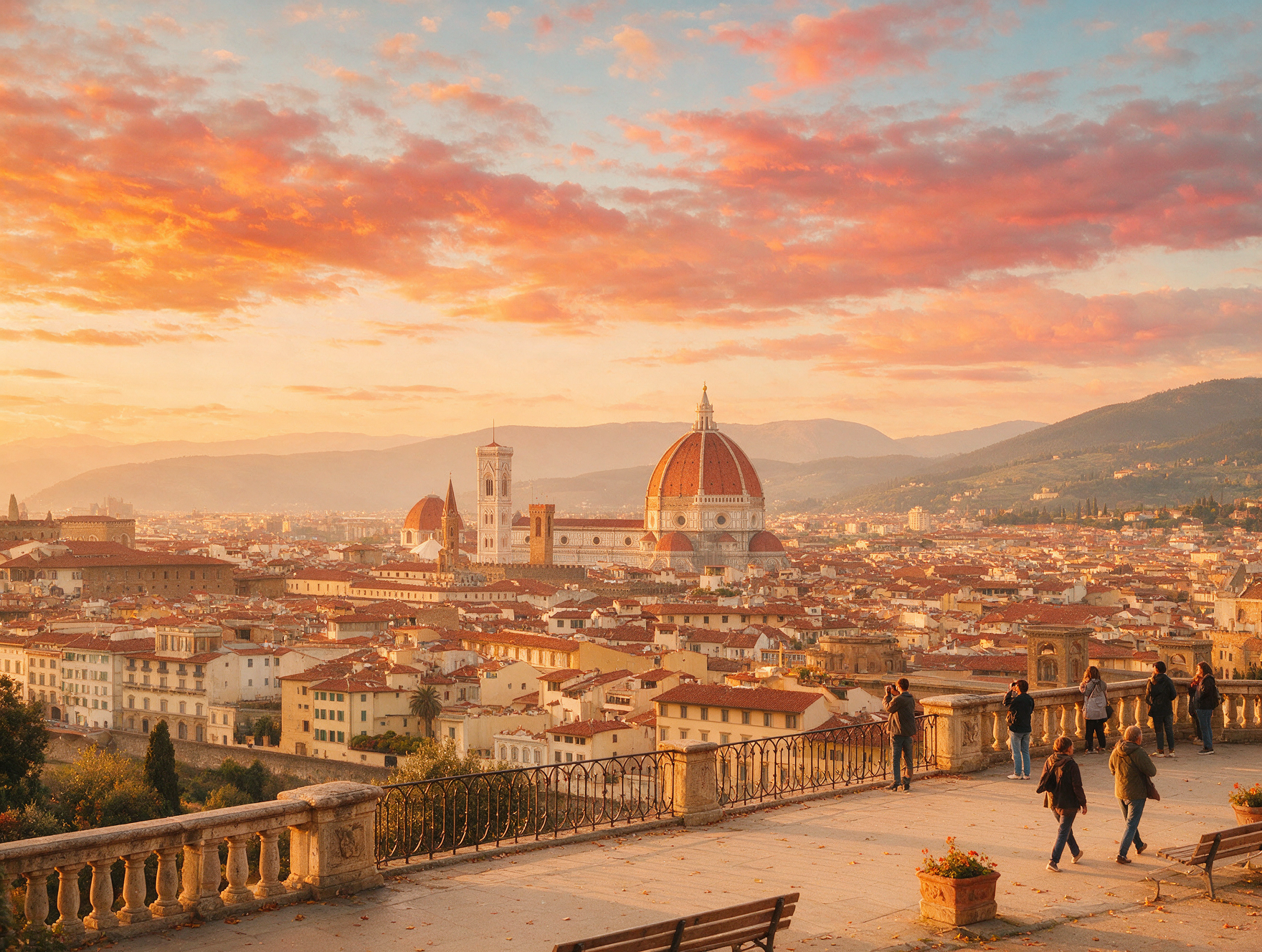 Florence skyline with Brunelleschi's Duomo dome at sunset from Piazzale Michelangelo