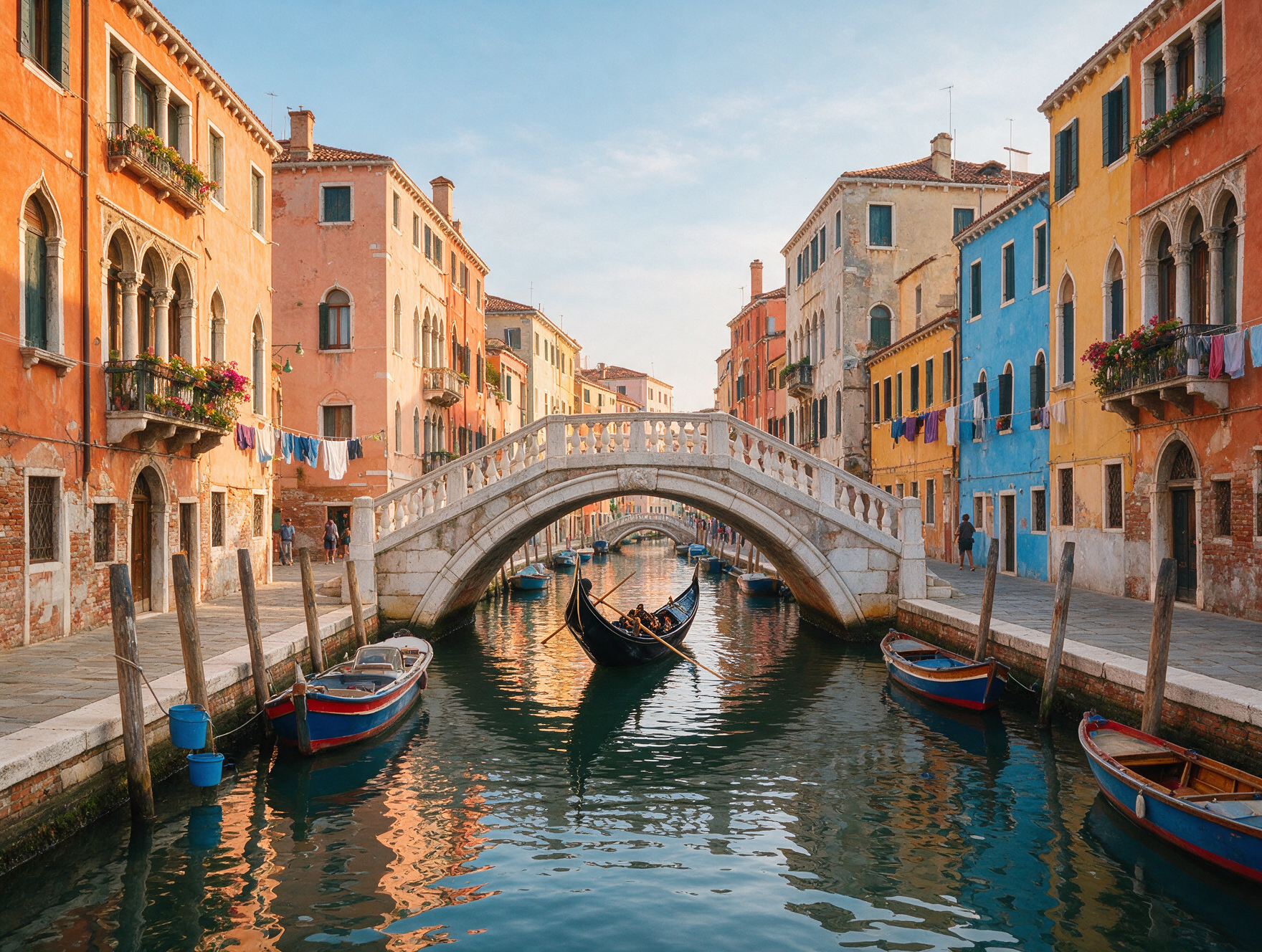 Gondola passing under a stone bridge on a narrow Venice canal in morning light