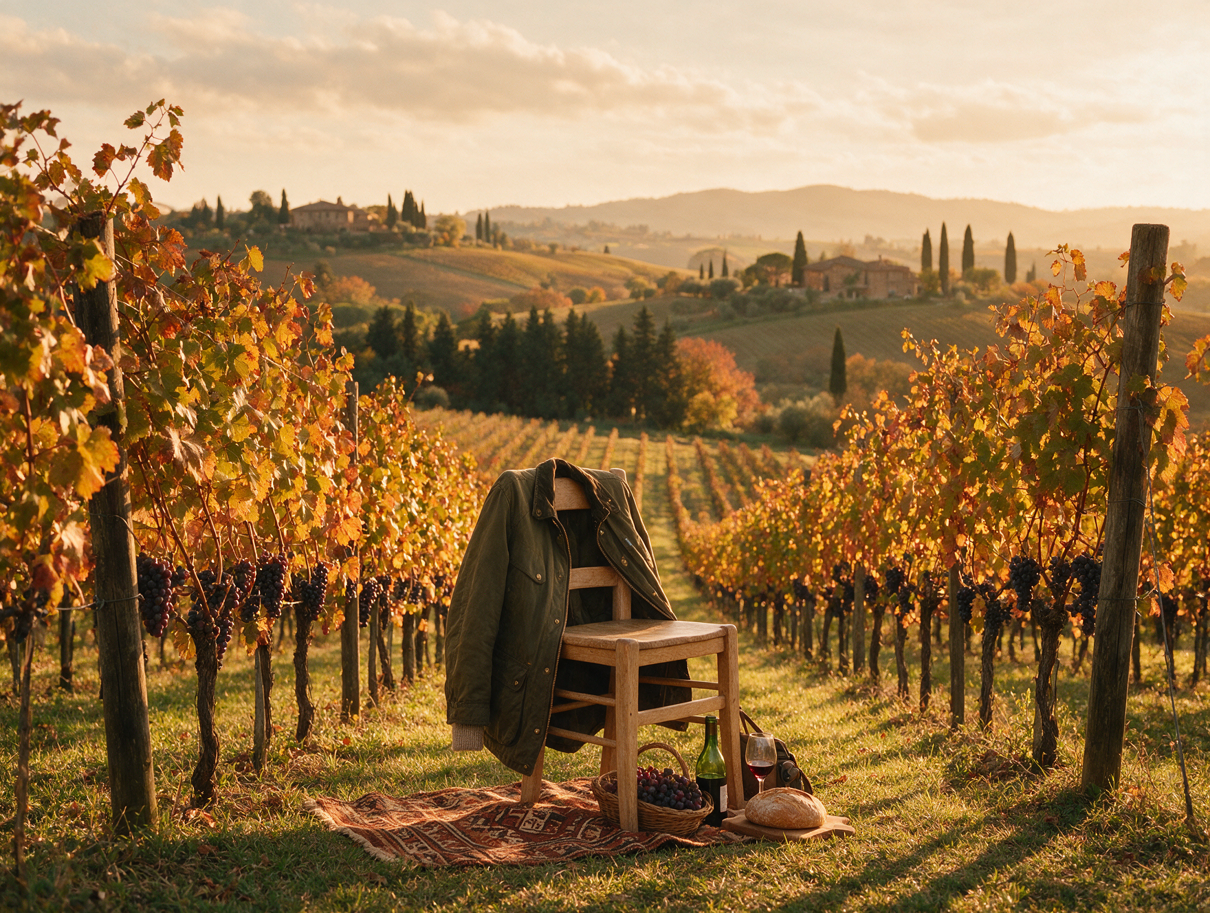 Golden autumn vineyard scene in the Tuscan countryside near Florence