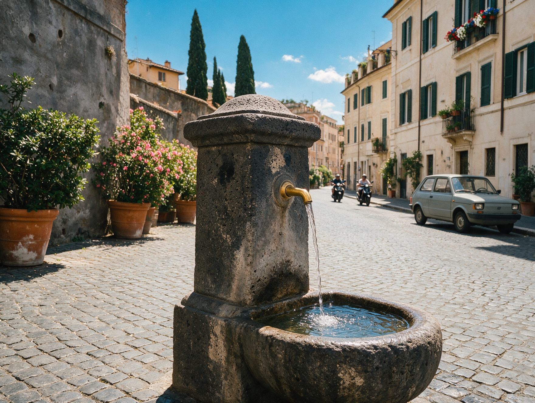 Traveler filling a reusable water bottle at a Rome public drinking fountain (nasone)
