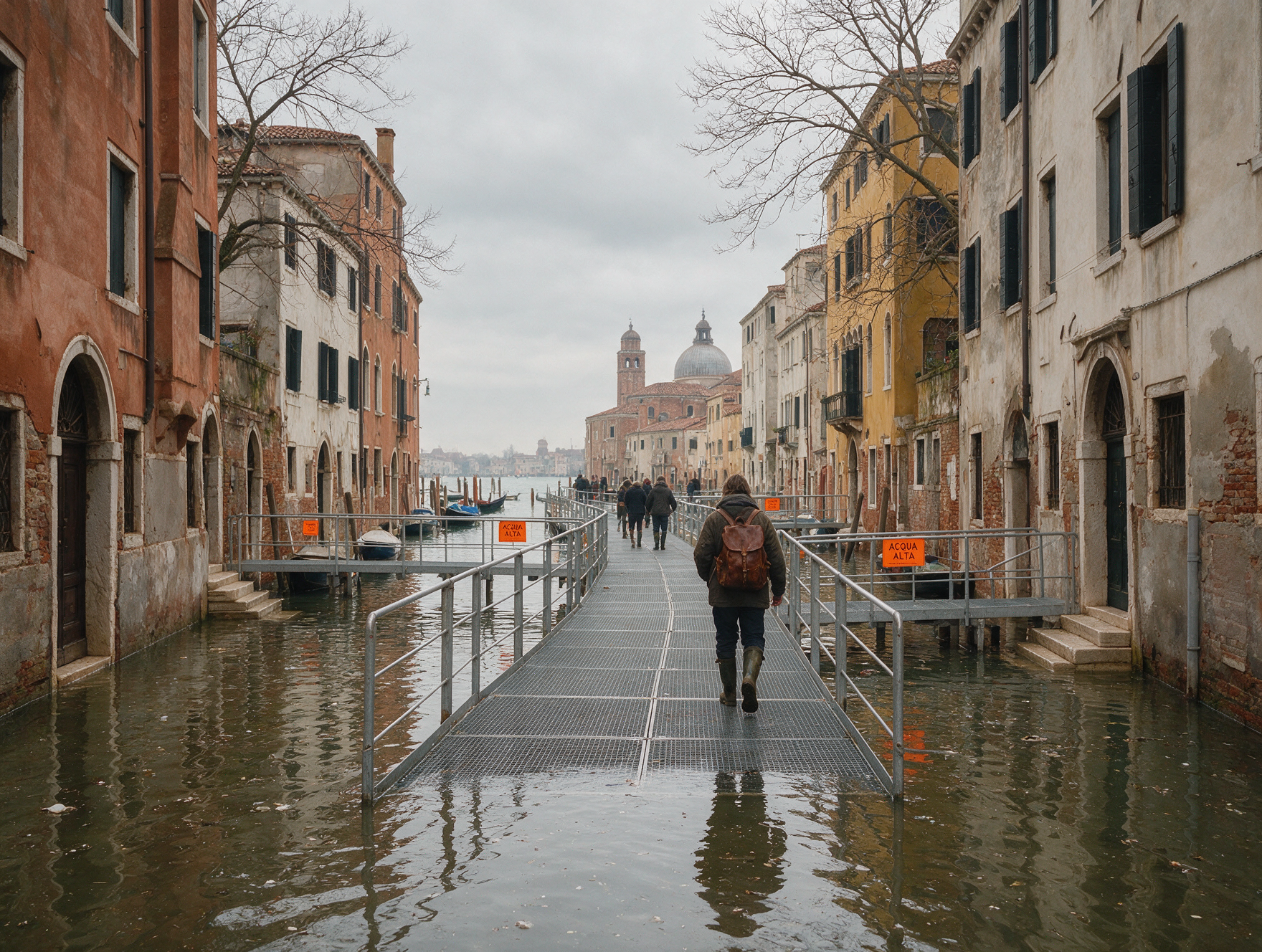 Traveler in waterproof boots walking through Venice during acqua alta seasonal flooding