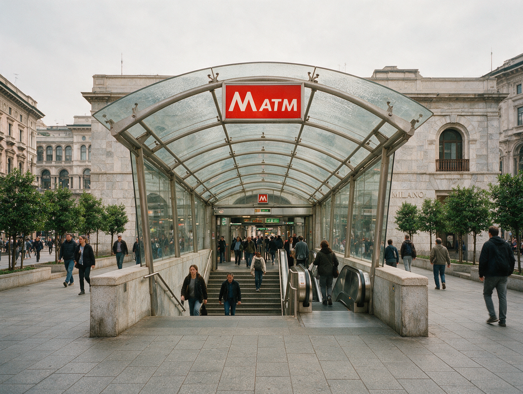 Milan ATM metro station entrance with the red M sign