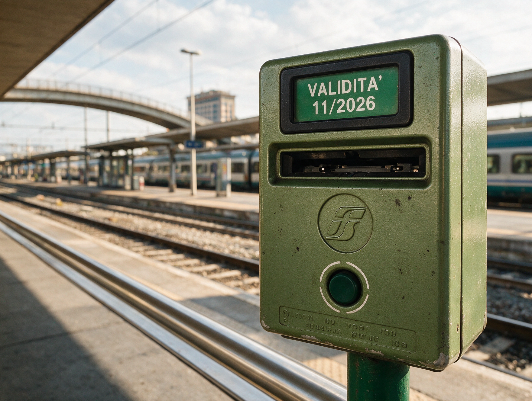 Green ticket validation machine on an Italian train platform