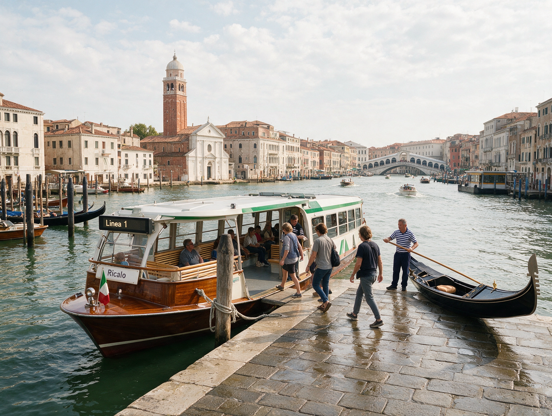 Venice vaporetto waterbus boarding passengers at a Grand Canal stop