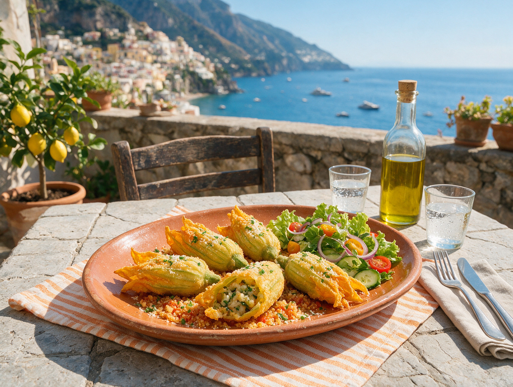 Vegan stuffed fried zucchini flowers and salad on a terrace overlooking Positano