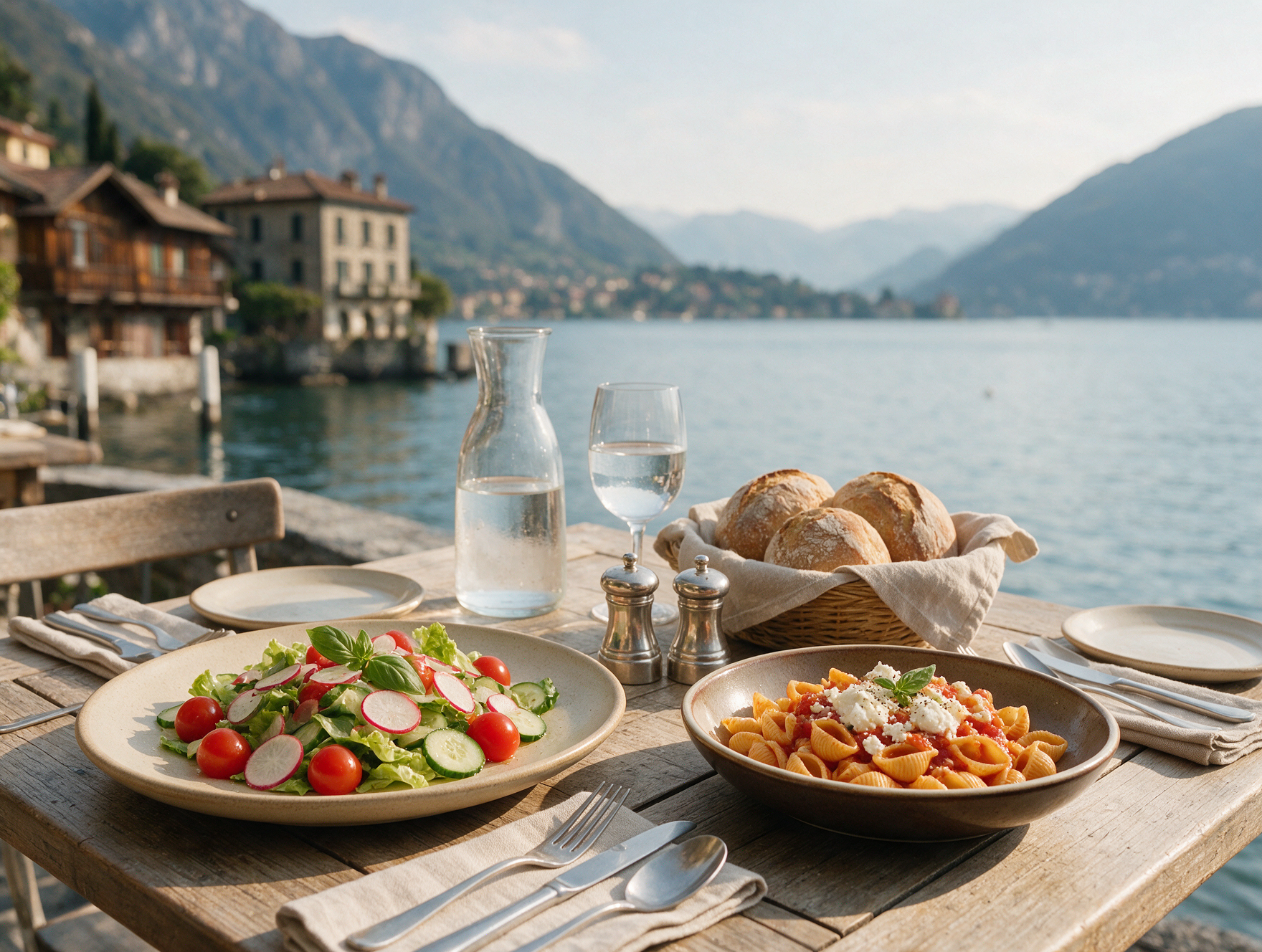 Lakeside restaurant table with vegetable salad and pasta overlooking Lake Como