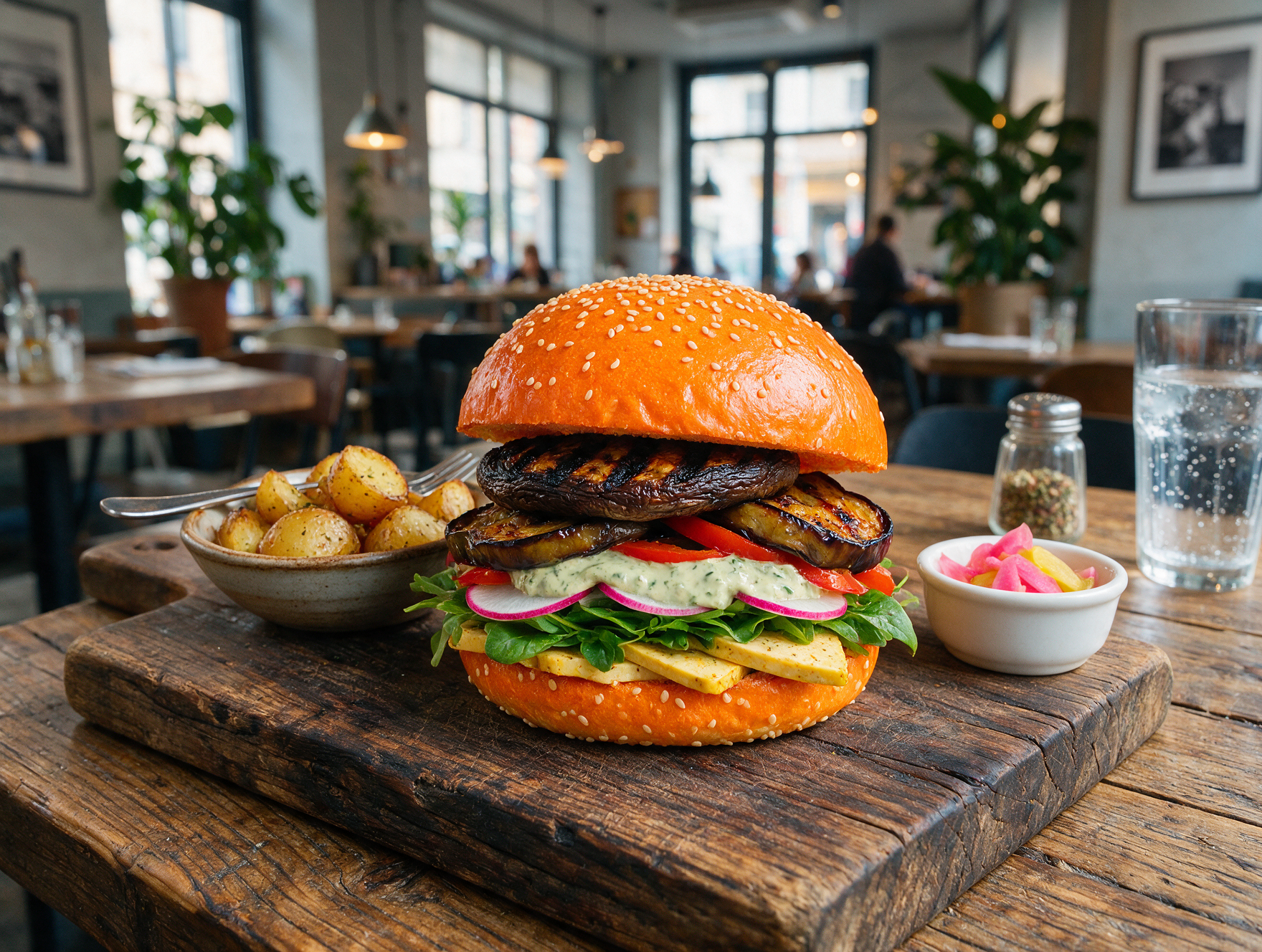 Colorful vegan burger with a bright bun at a casual restaurant in Milan