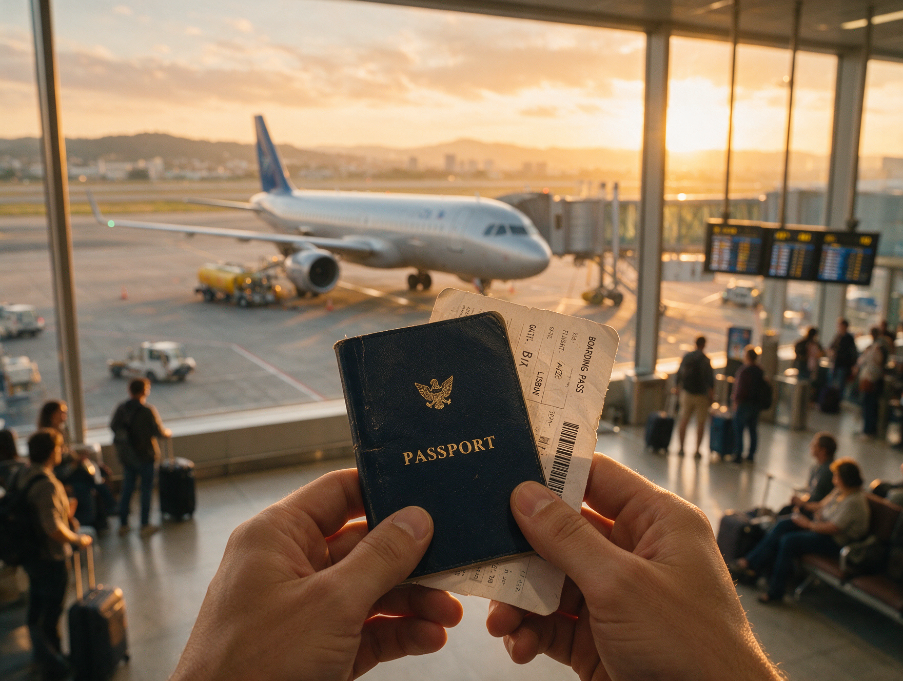 Traveler holding an Italy-bound boarding pass and passport at the departure gate