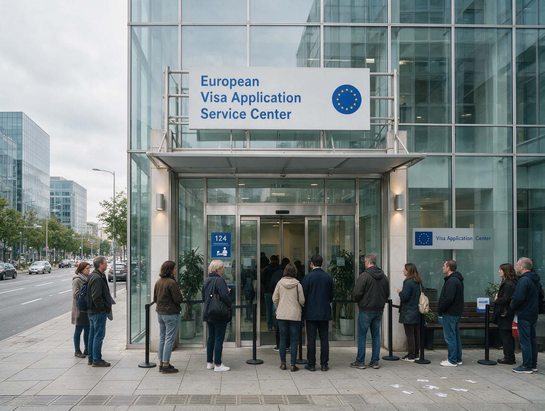 Applicants waiting outside a visa application service center for Italy Schengen visa processing