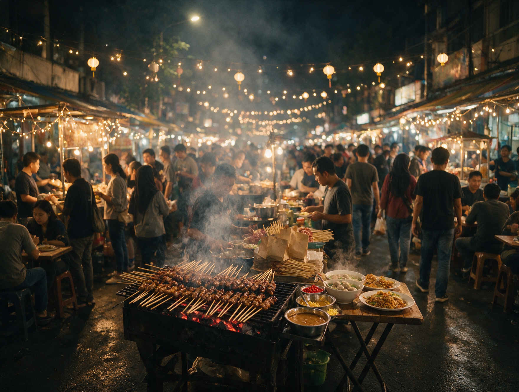 Satay skewers grilling over charcoal at a Jalan Sabang night food market in Jakarta