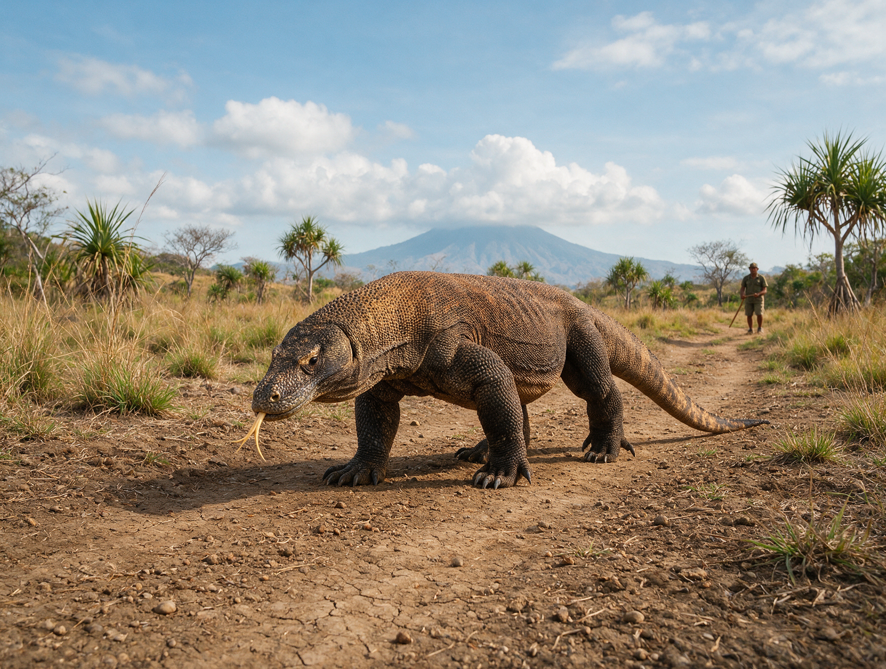A Komodo dragon on a dry savanna trail with a park ranger on Rinca Island