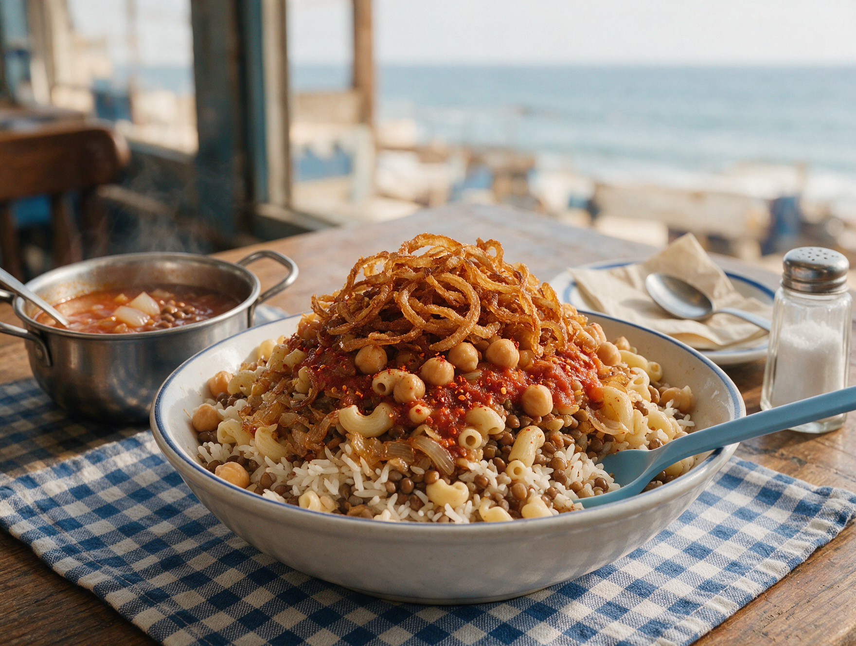 Koshary Egyptian dish with lentils rice and crispy onions served at a restaurant in Alexandria