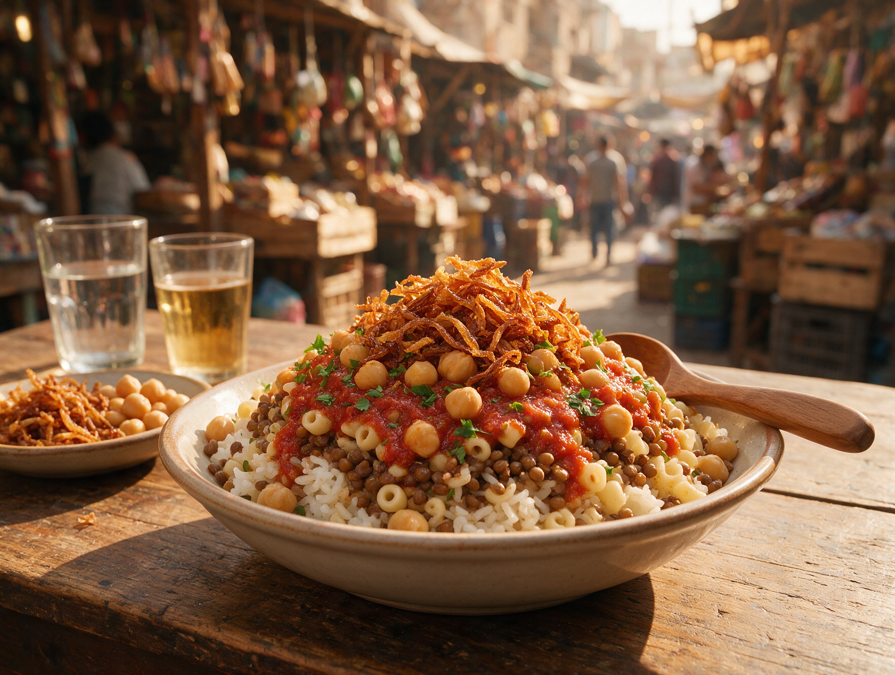 Bowl of koshary Egyptian street food with rice lentils pasta and crispy onions in Cairo