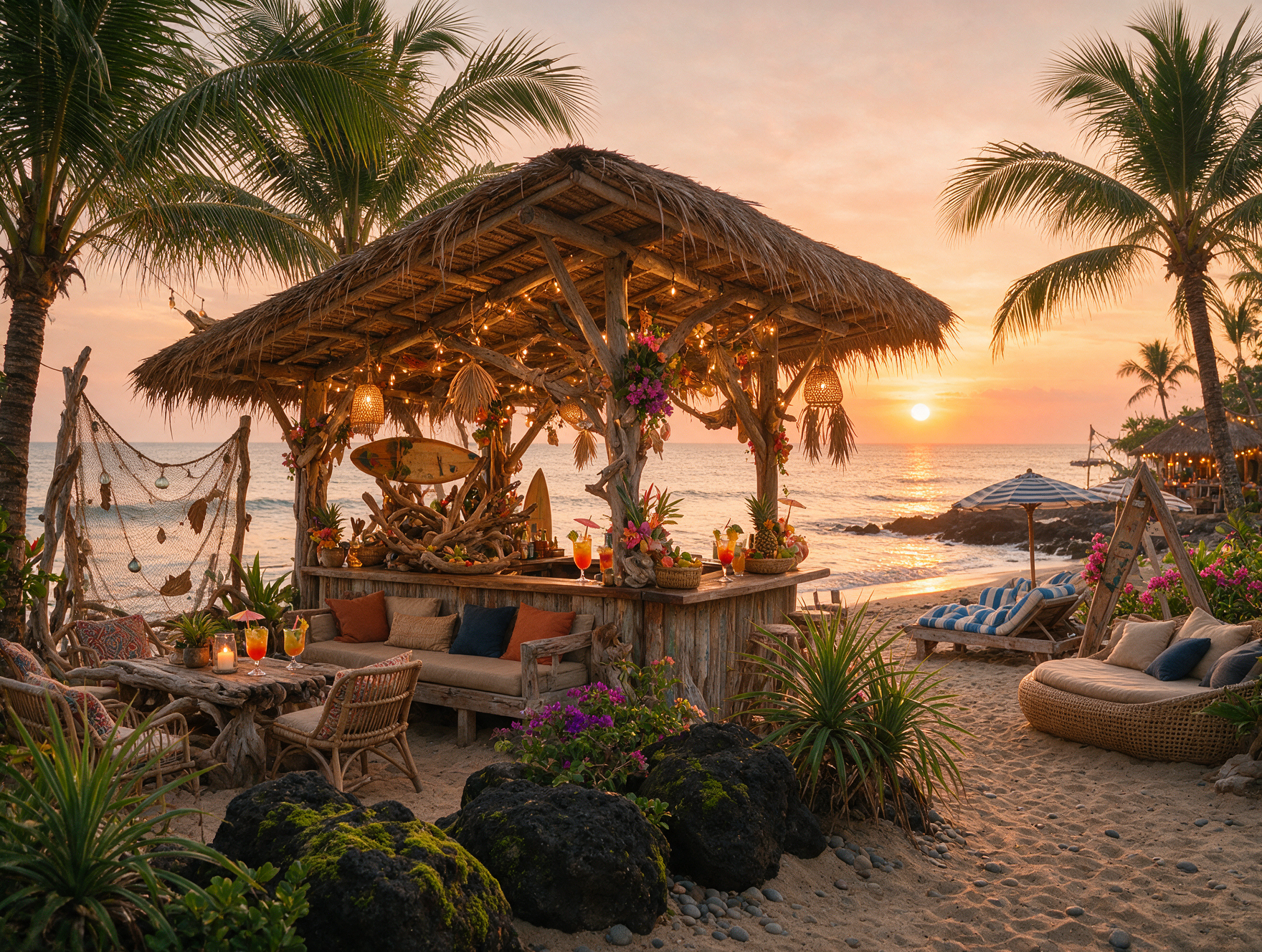 Boho driftwood beach bar decor at La Brisa, Echo Beach Bali at sunset