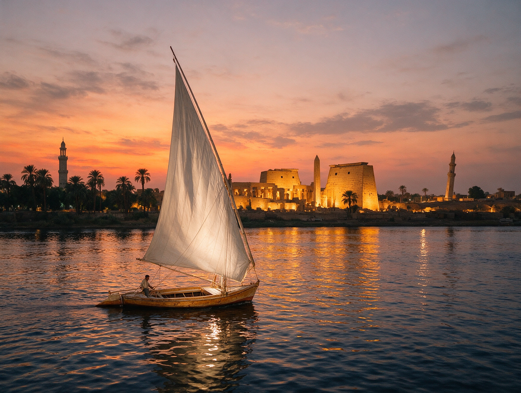 Felucca sailboat on the Nile at sunset near Luxor Temple