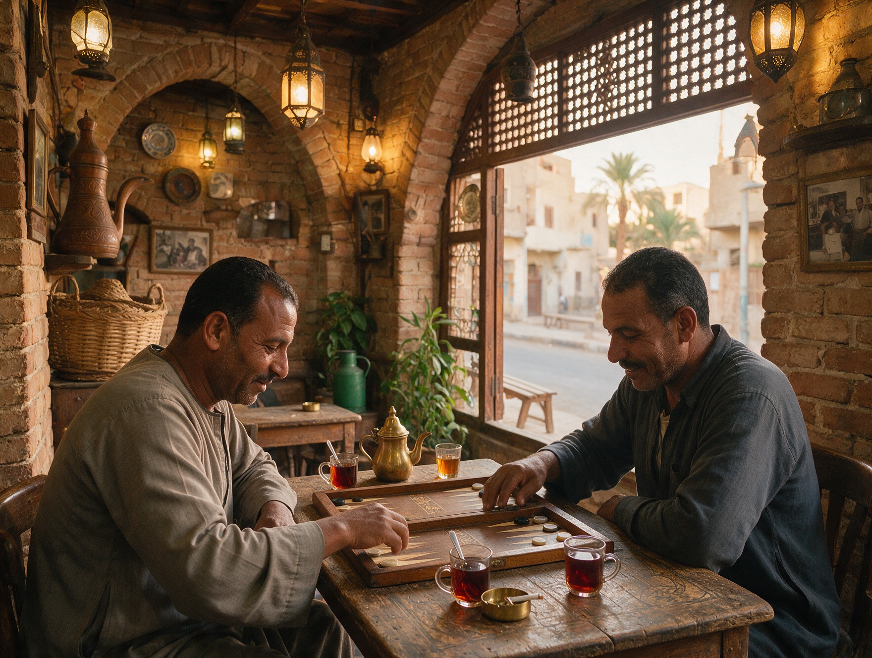 Local Egyptian coffeehouse with men playing backgammon over tea