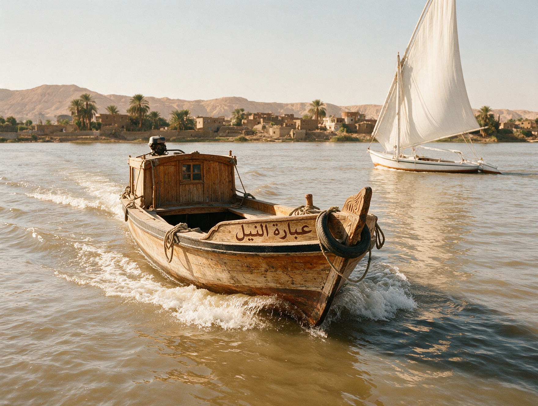Small local ferry boat crossing the Nile River at Luxor Egypt to the West Bank