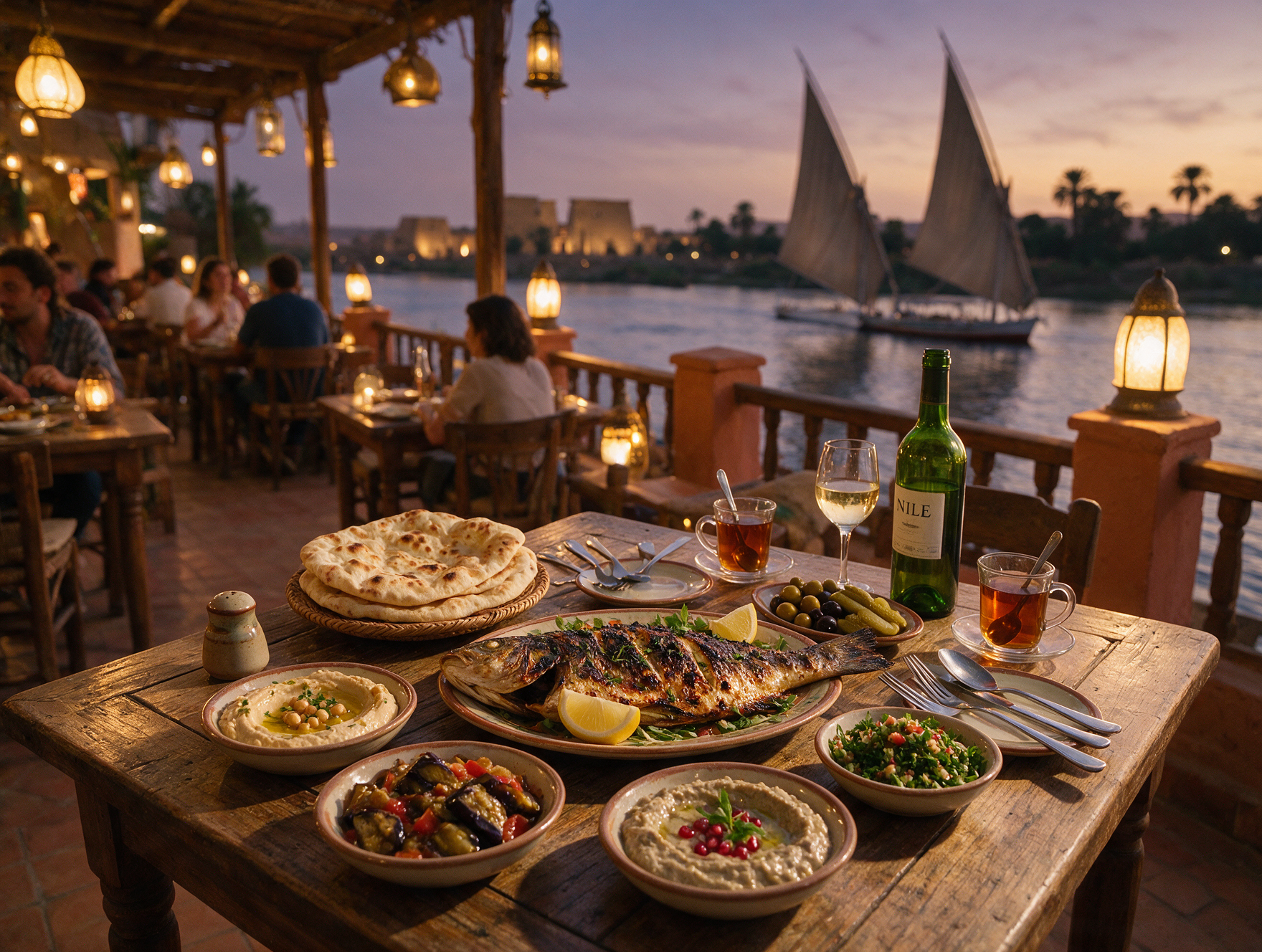 Grilled fish and mezze spread at riverside restaurant in Luxor Egypt overlooking the Nile