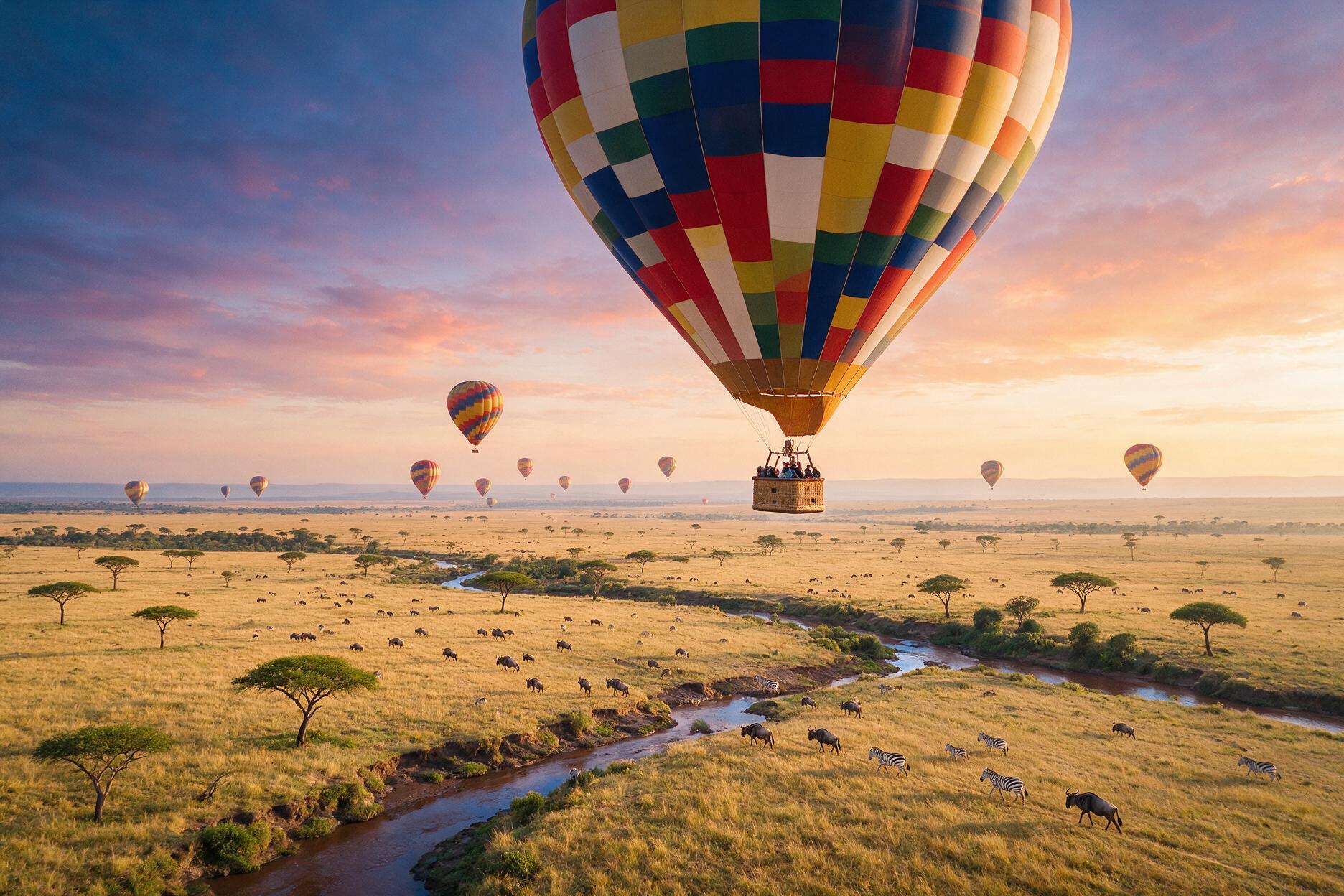 Hot air balloon over the Maasai Mara plains at sunrise during the wildebeest migration