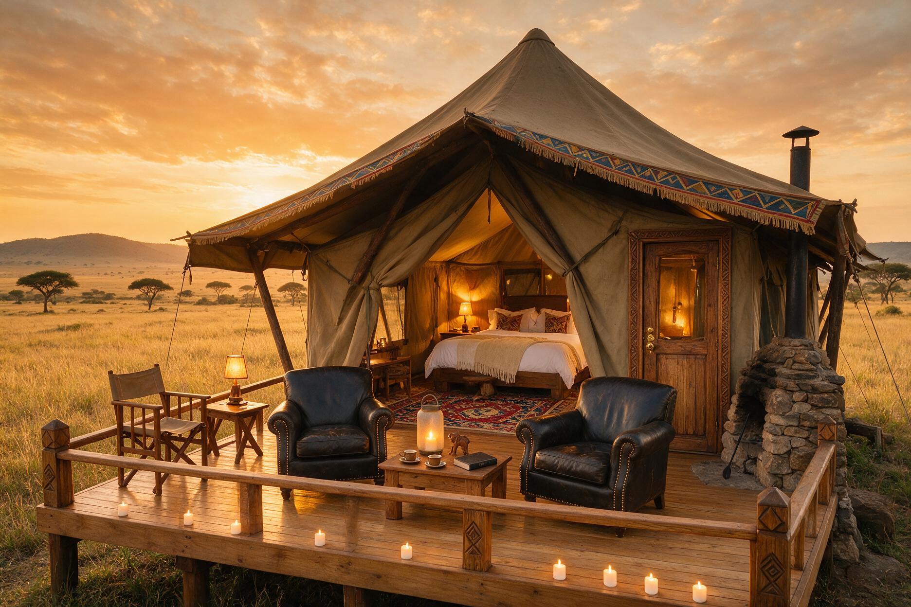 Luxury tented safari camp overlooking the Maasai Mara at sunset