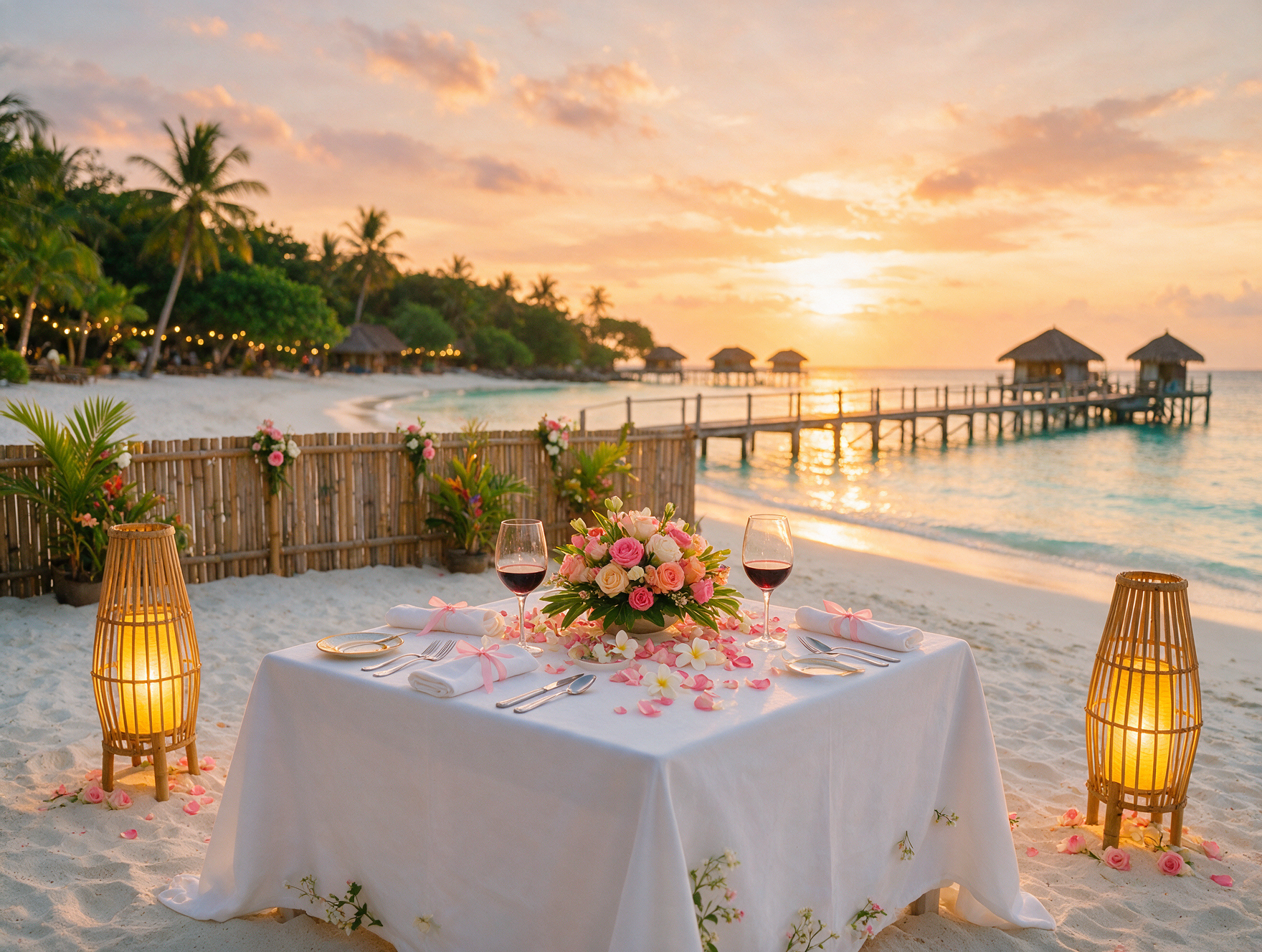 Romantic white linen beachfront dinner setup at sunset on Gili Meno