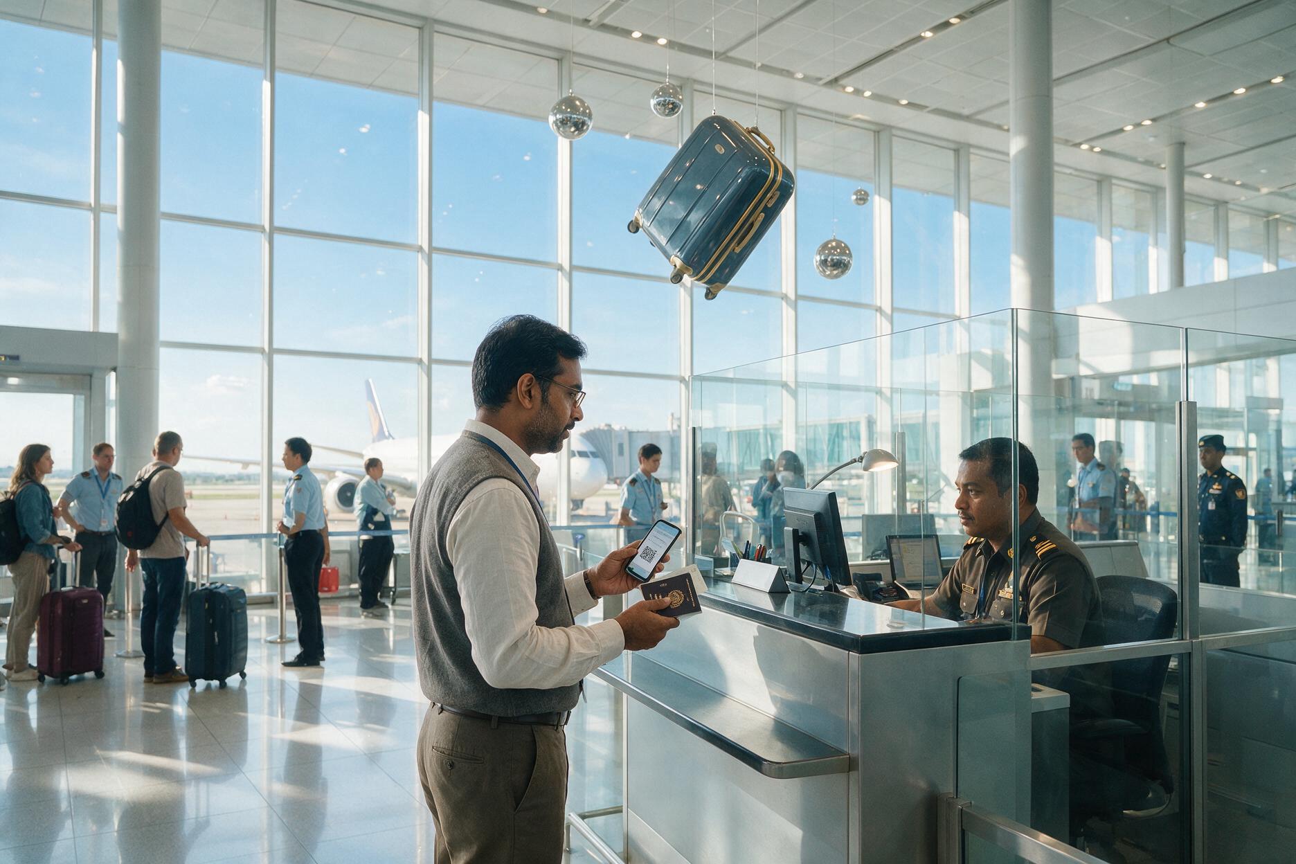 Indian traveler completing Malaysia's Digital Arrival Card at an airport immigration checkpoint