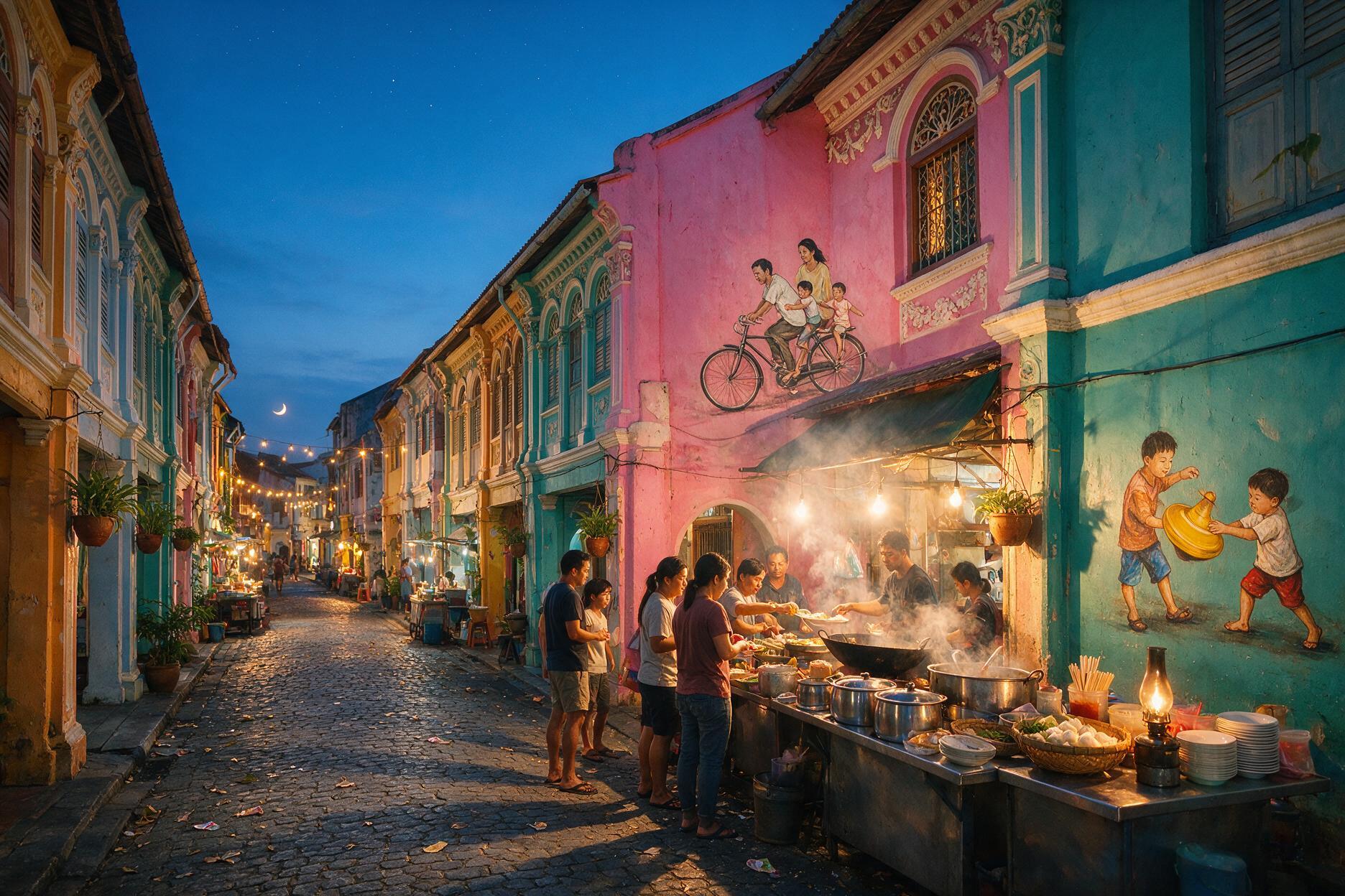 George Town Penang street art and hawker food stalls in the evening