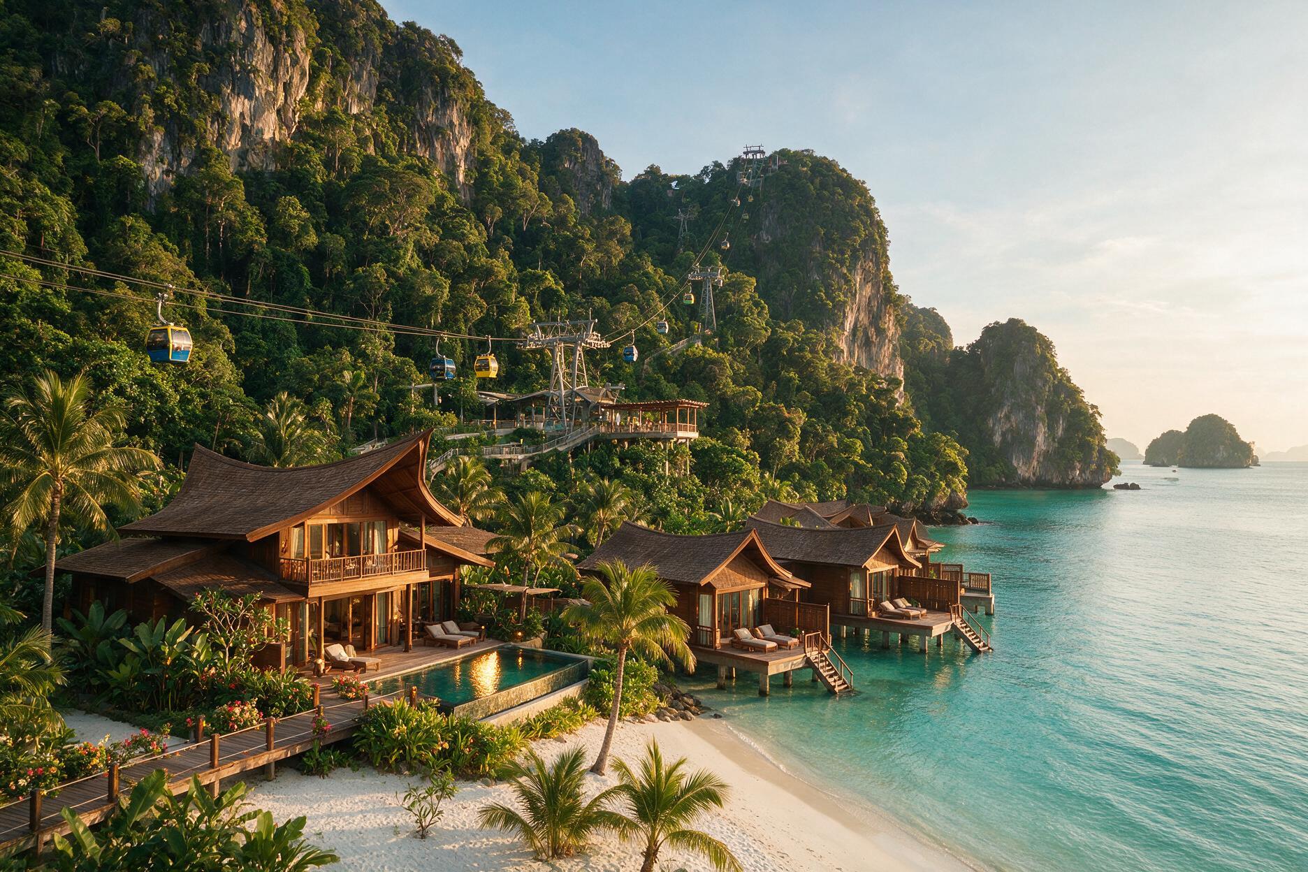 Langkawi beach resort with turquoise Andaman Sea and limestone cliffs, Malaysia