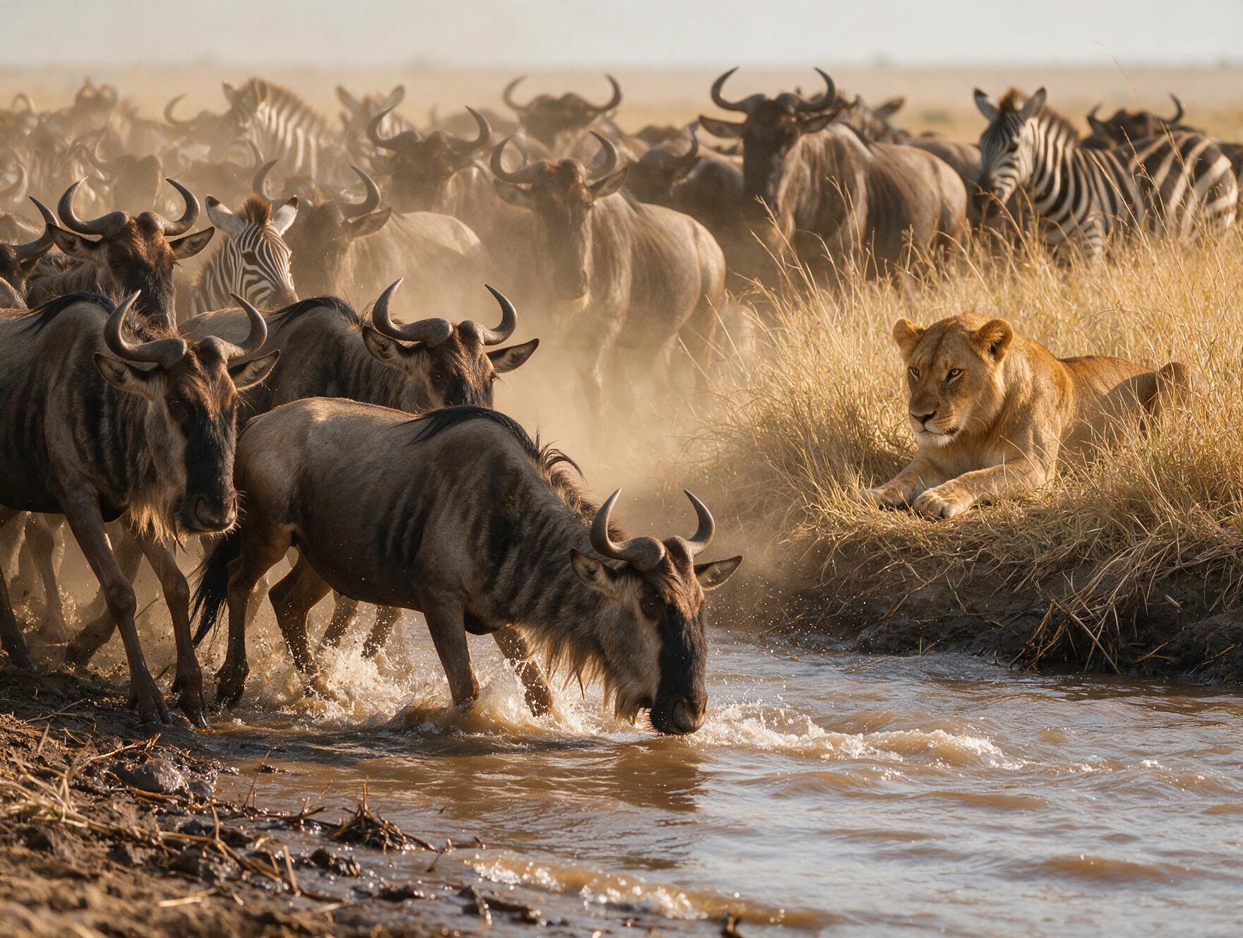 Wildebeest herd at the edge of the Mara River with a lion watching from the grass