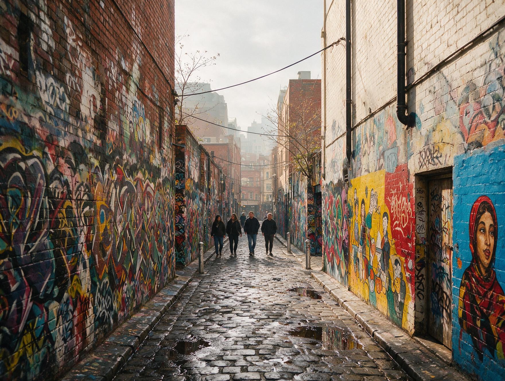 Colorful street art in Hosier Lane, Melbourne, with people walking through