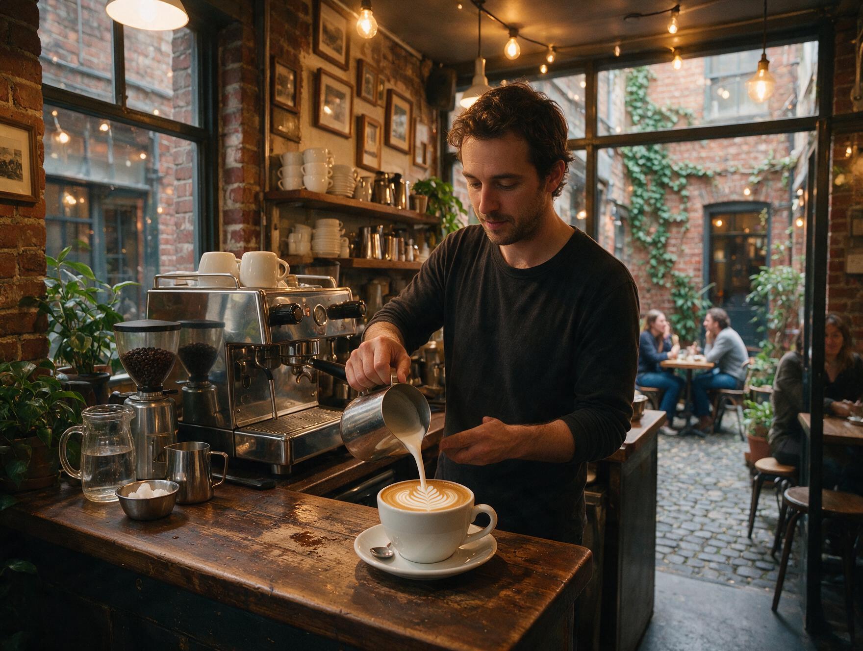 Barista pouring latte art at a laneway café in Melbourne