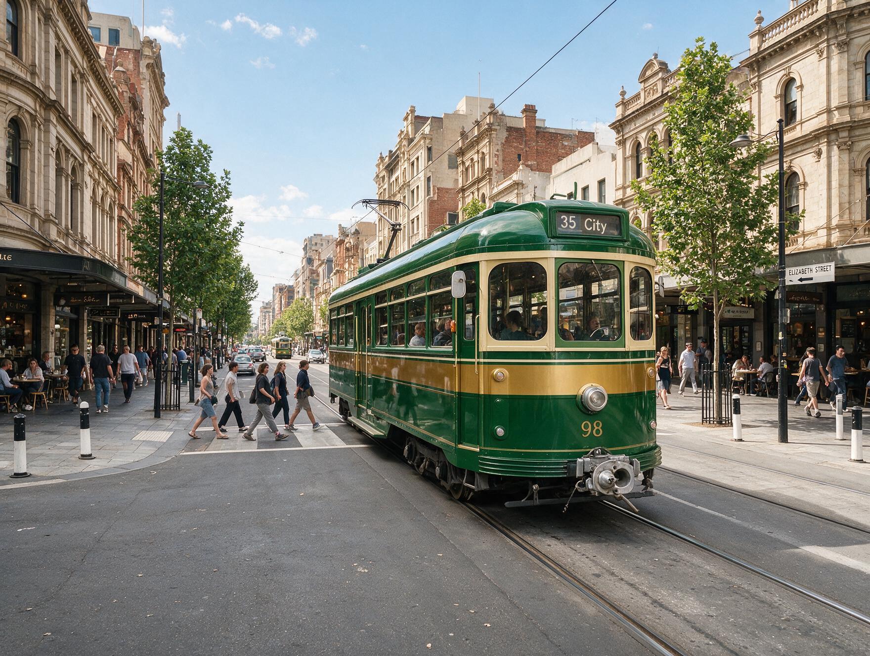Melbourne tram on a city street with pedestrians