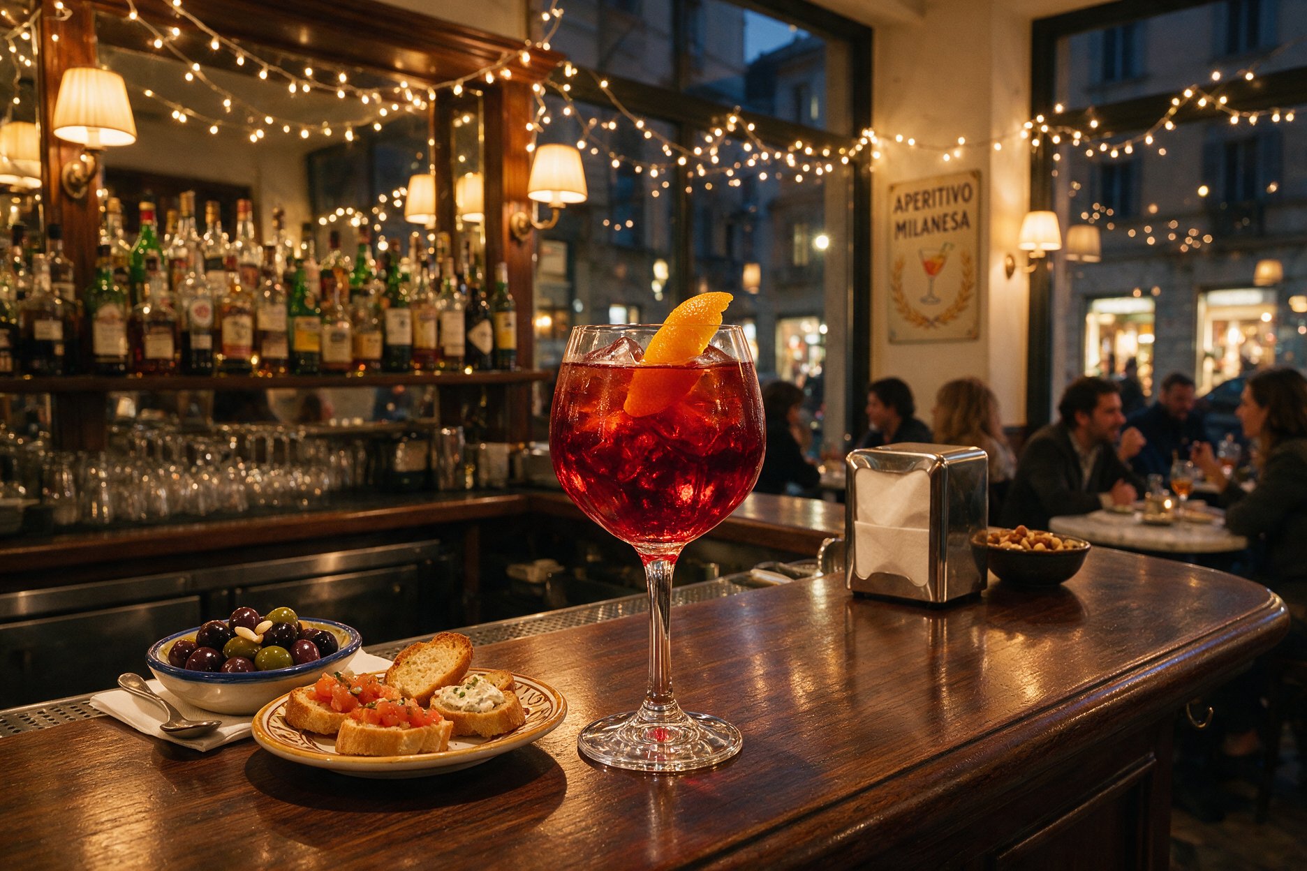 An aperitivo spread with cocktails and small plates at a bar in Milan
