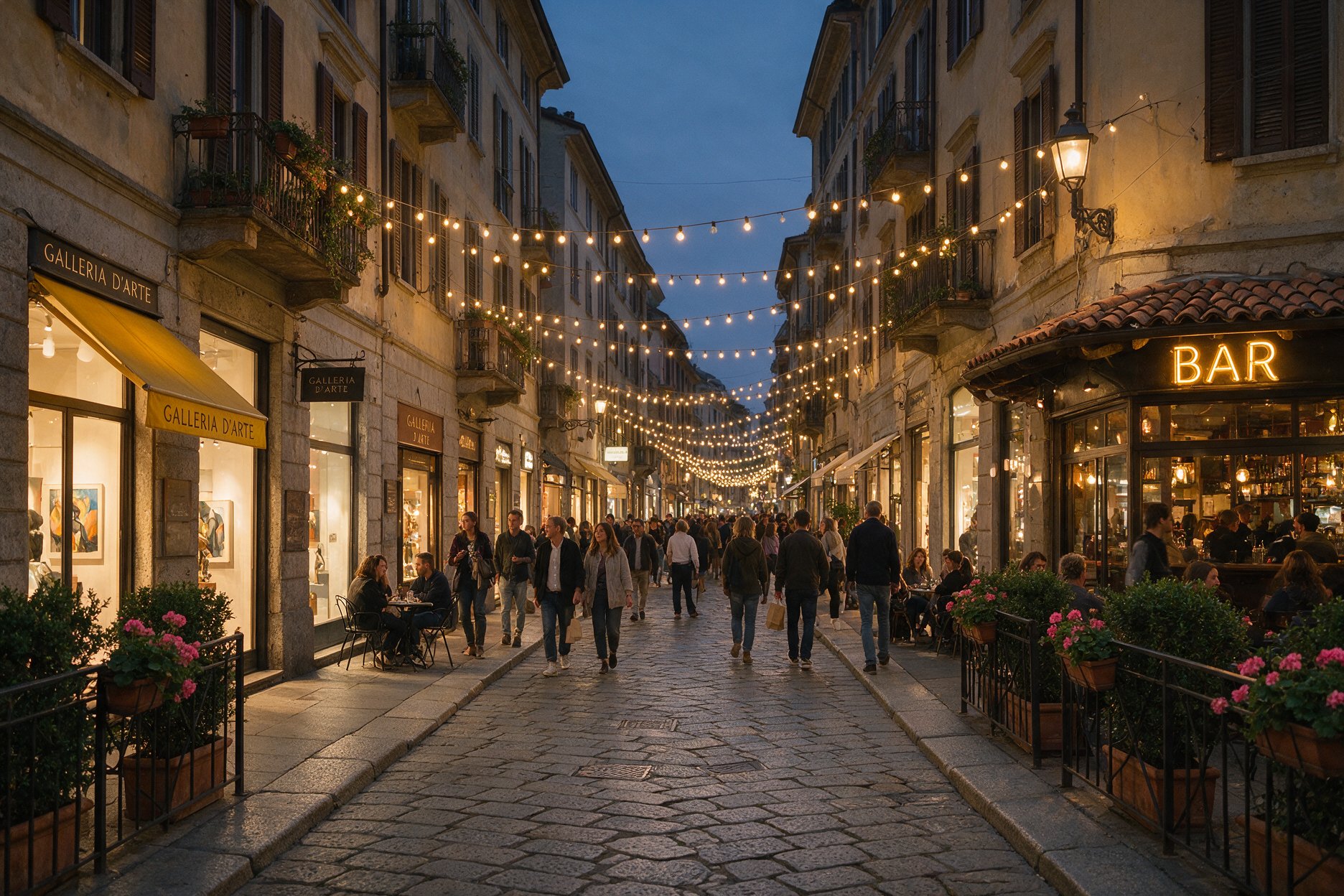 Via Fiori Chiari in the Brera district of Milan at dusk, with art galleries and small bars along a cobbled lane