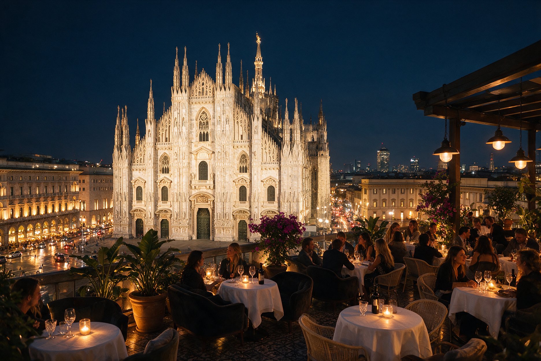 A rooftop bar in Milan at night with the illuminated Duomo cathedral visible in the background