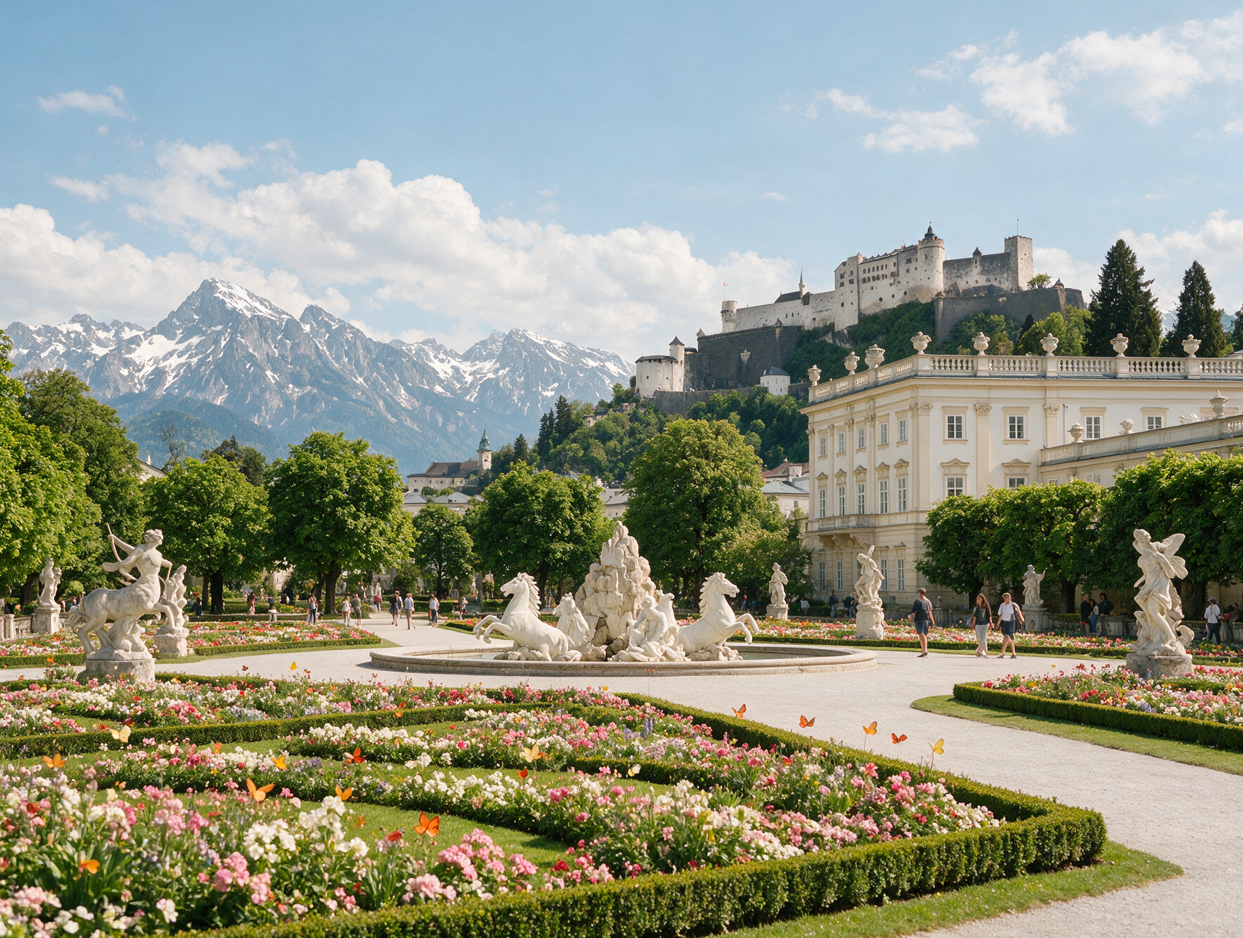 Mirabell Gardens in Salzburg with Hohensalzburg Fortress visible in the distance