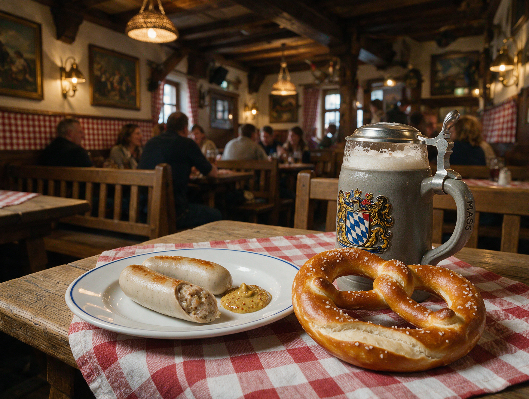 A Bavarian beer hall table with weisswurst sausages, sweet mustard, a soft pretzel and a stone beer stein