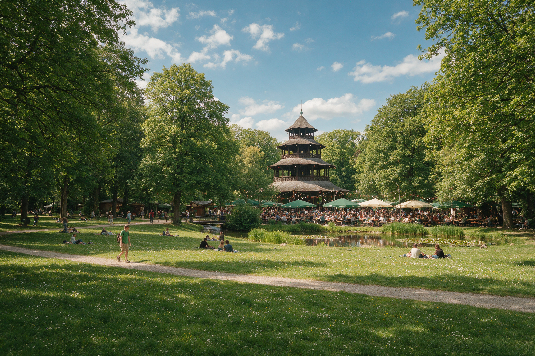 People relaxing on the grass in Munich's English Garden with the Chinese Tower pagoda in the background